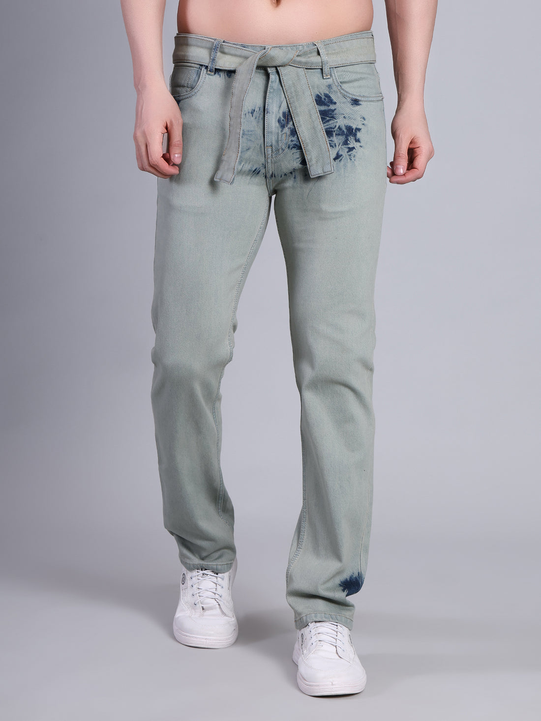 Stylox Men’s Comfort Fit Washed Stretchable Denim Jeans with Belt-Greenish Blue - Stylox