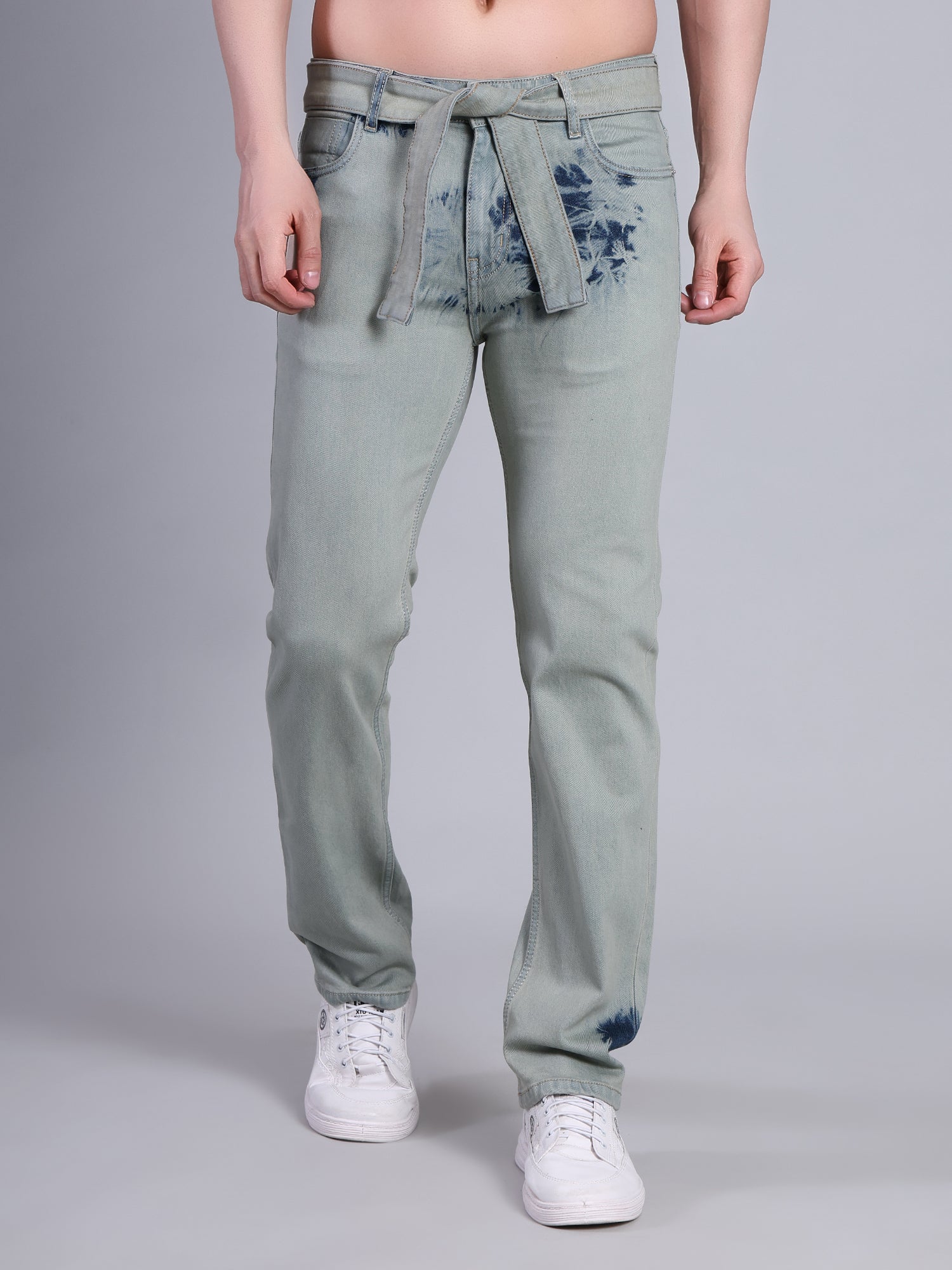 Stylox Men’s Comfort Fit Washed Stretchable Denim Jeans with Belt-Greenish Blue - Stylox