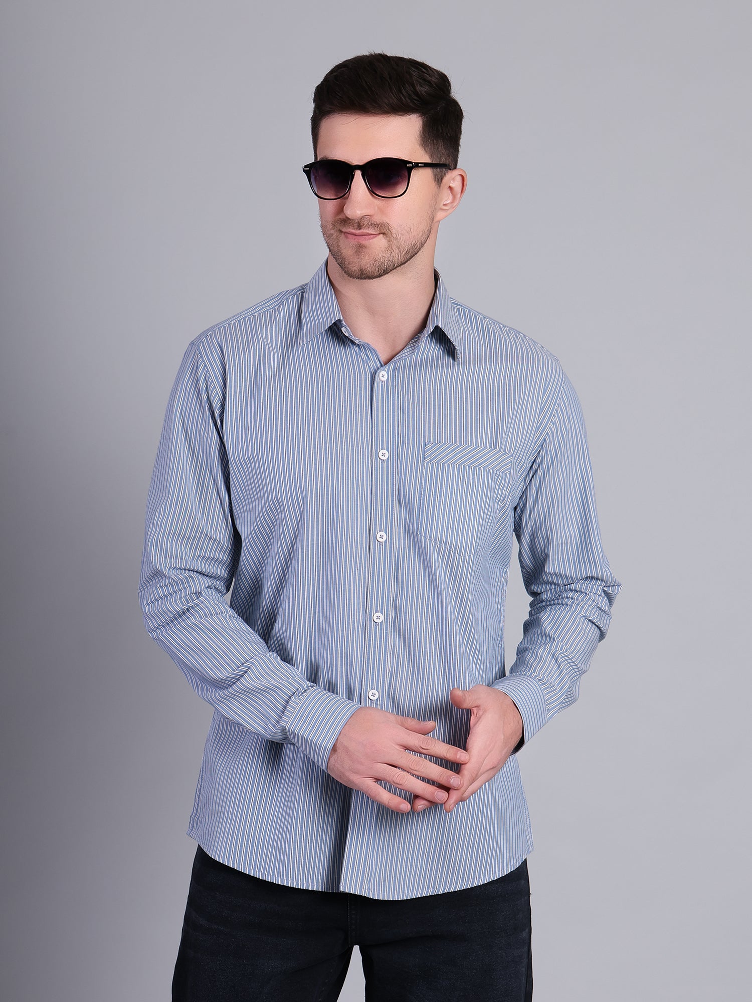 Stylox Men’s Regular Fit Vertical Striped Full Sleeve Casual Shirt-Blue - Stylox