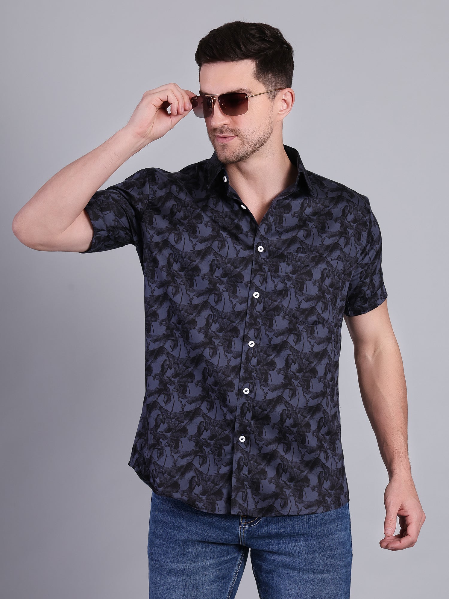 Stylox Men’s Regular Fit Abstract Printed Half Sleeve Casual Shirt-Blue - Stylox