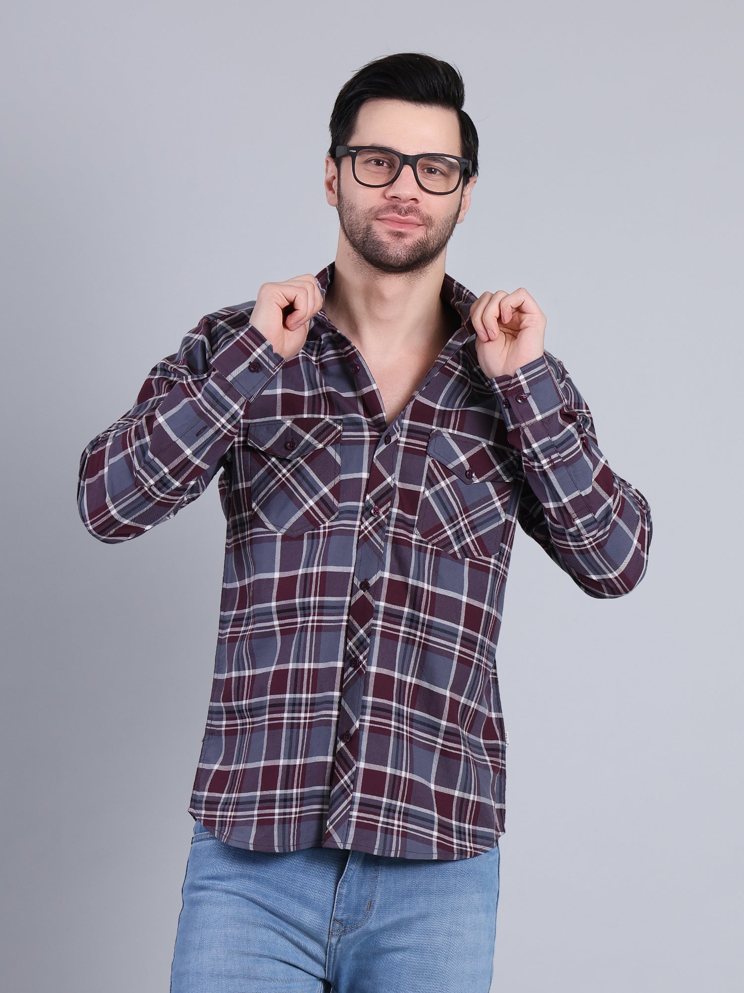 Stylox Men's Regular Fit Double Chest Pocket Check Casual Shirt (Burgundy)