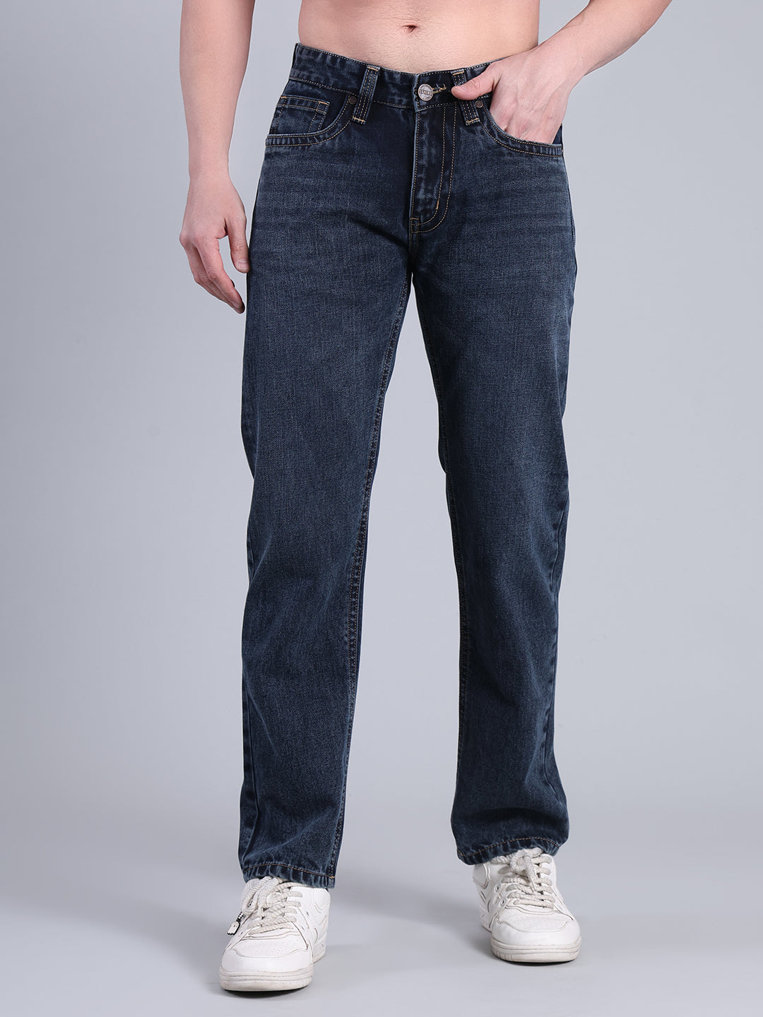 Stylox Men’s Comfort Fit Mid Rise Premium Denim Jeans (Mid Dark Blue) - Stylox