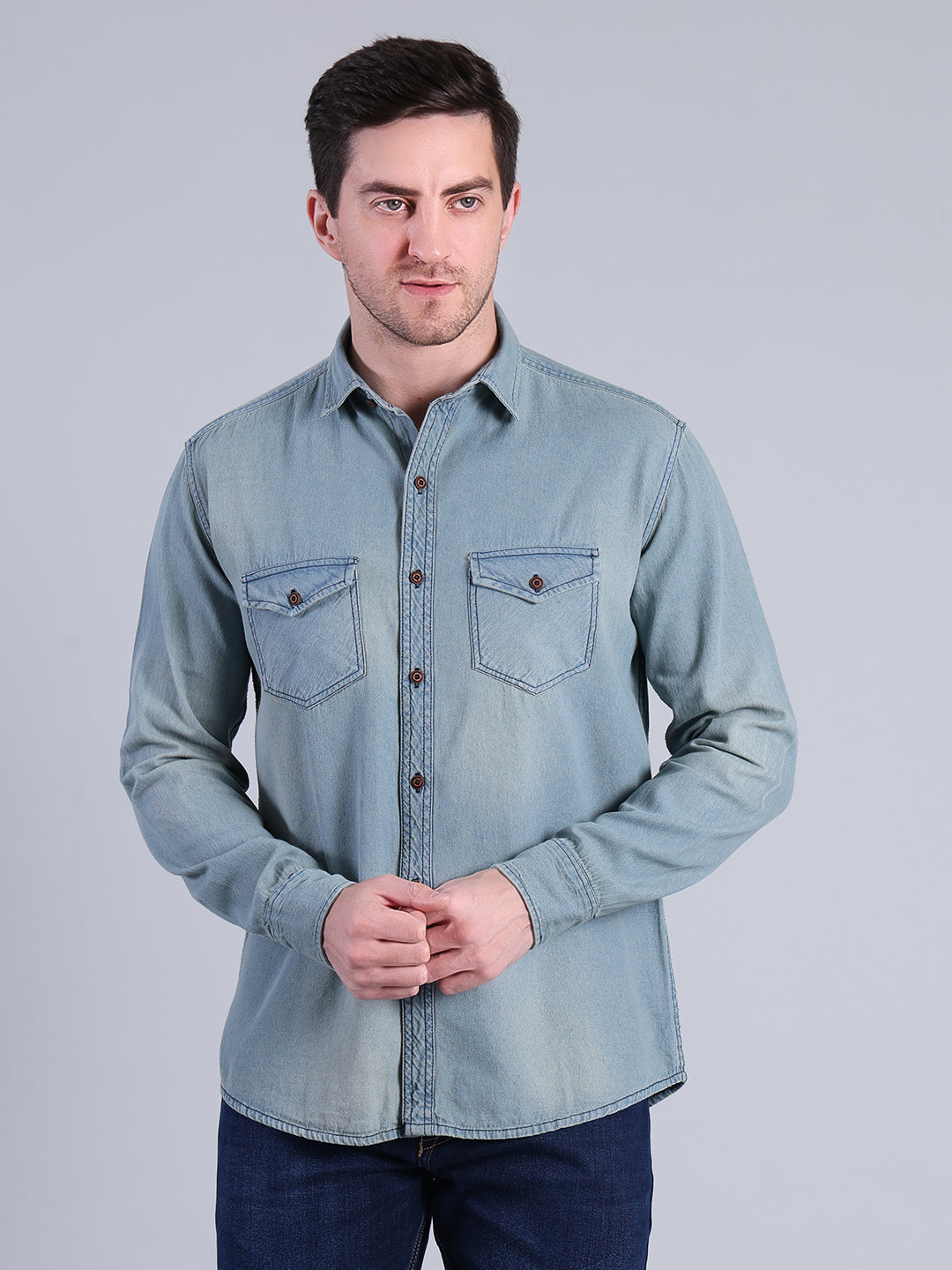 Stylox Men’s Light Wash Denim Shirt with Dual Chest Pockets - Stylox
