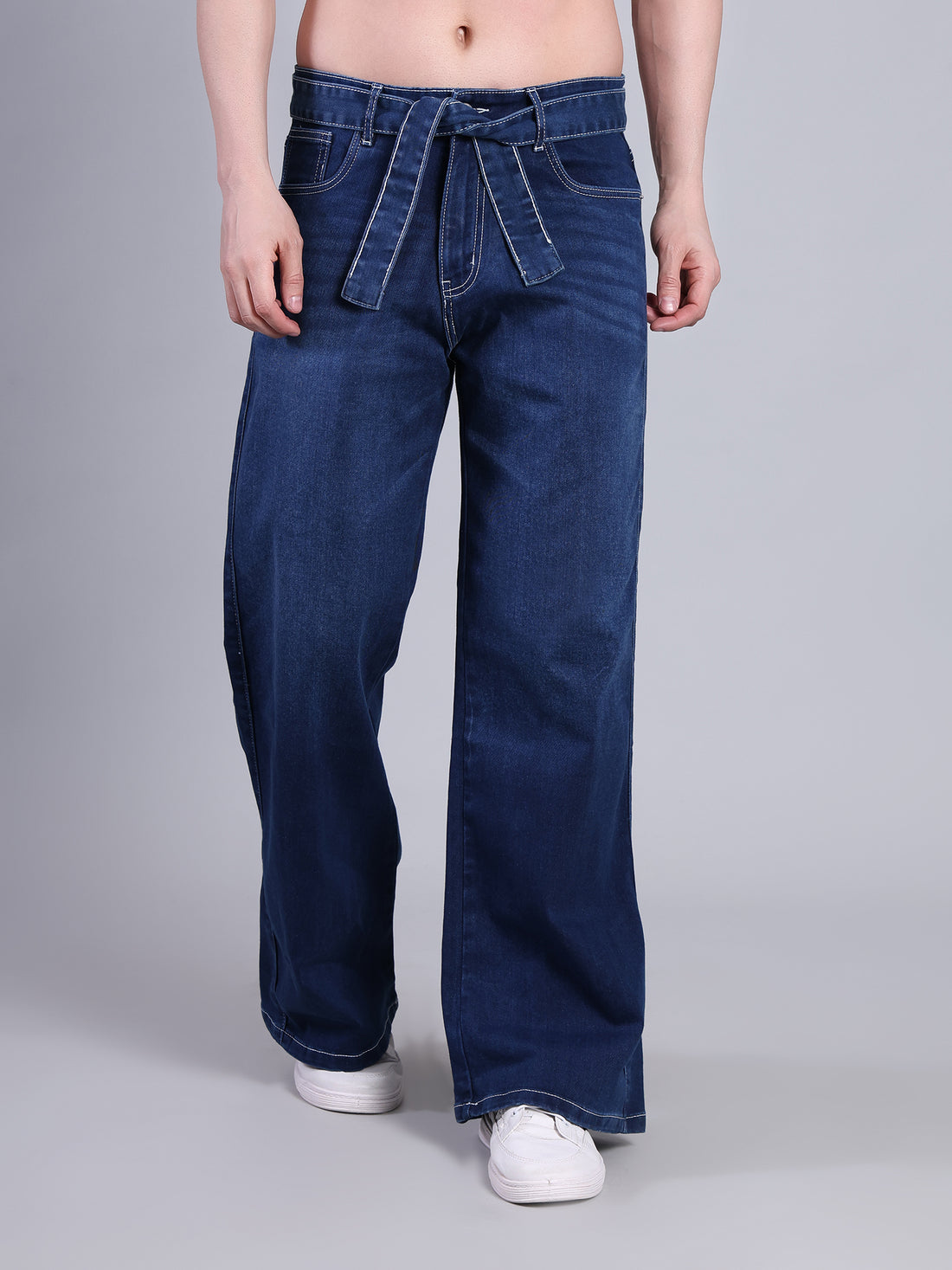 Stylox Men’s Baggy Fit Non-Stretch Rigid Denim Wide Leg Jeans with Tie Belt-Dark Blue - Stylox