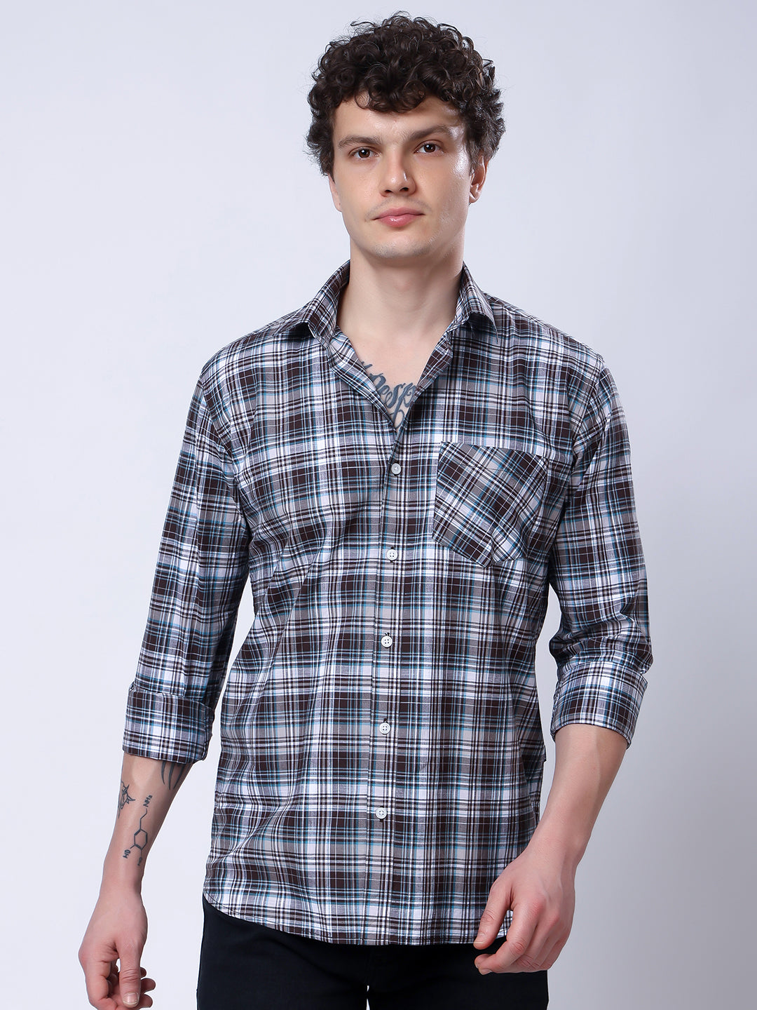 Stylox Men’s Regular Fit Full Sleeve Casual Check Shirt–Grey &amp; Brown - Stylox