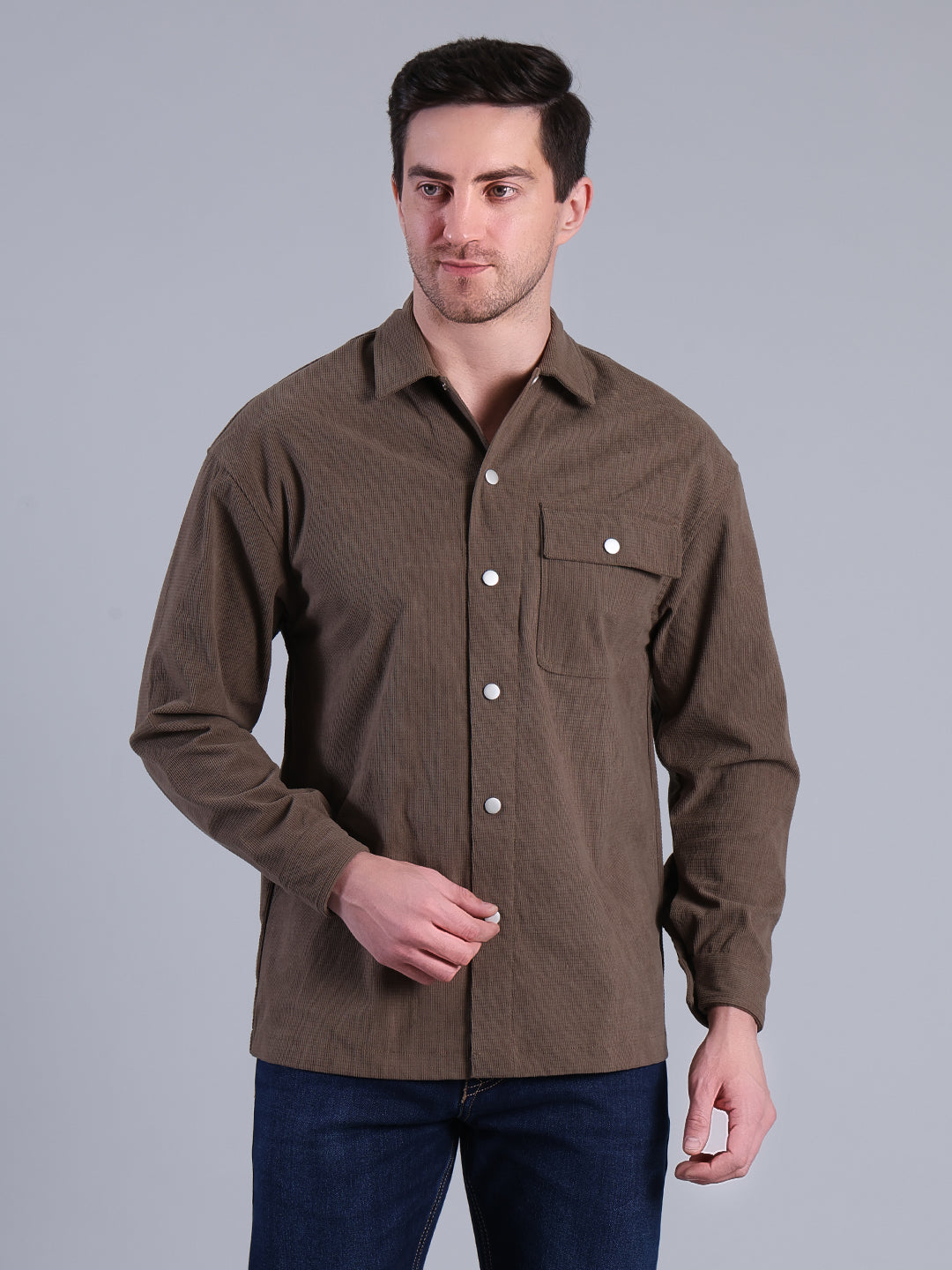 Stylox Men’s Textured Winter Shacket with Snap Button Closure (Khaki)