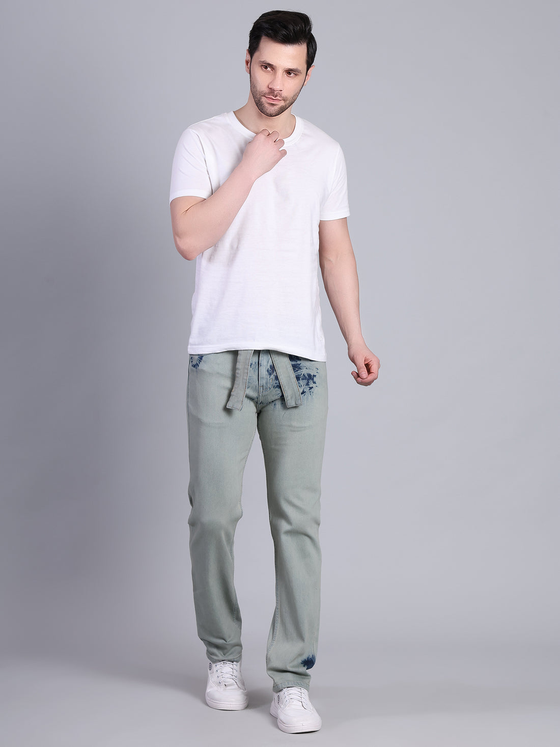 Stylox Men’s Comfort Fit Washed Stretchable Denim Jeans with Belt-Greenish Blue - Stylox