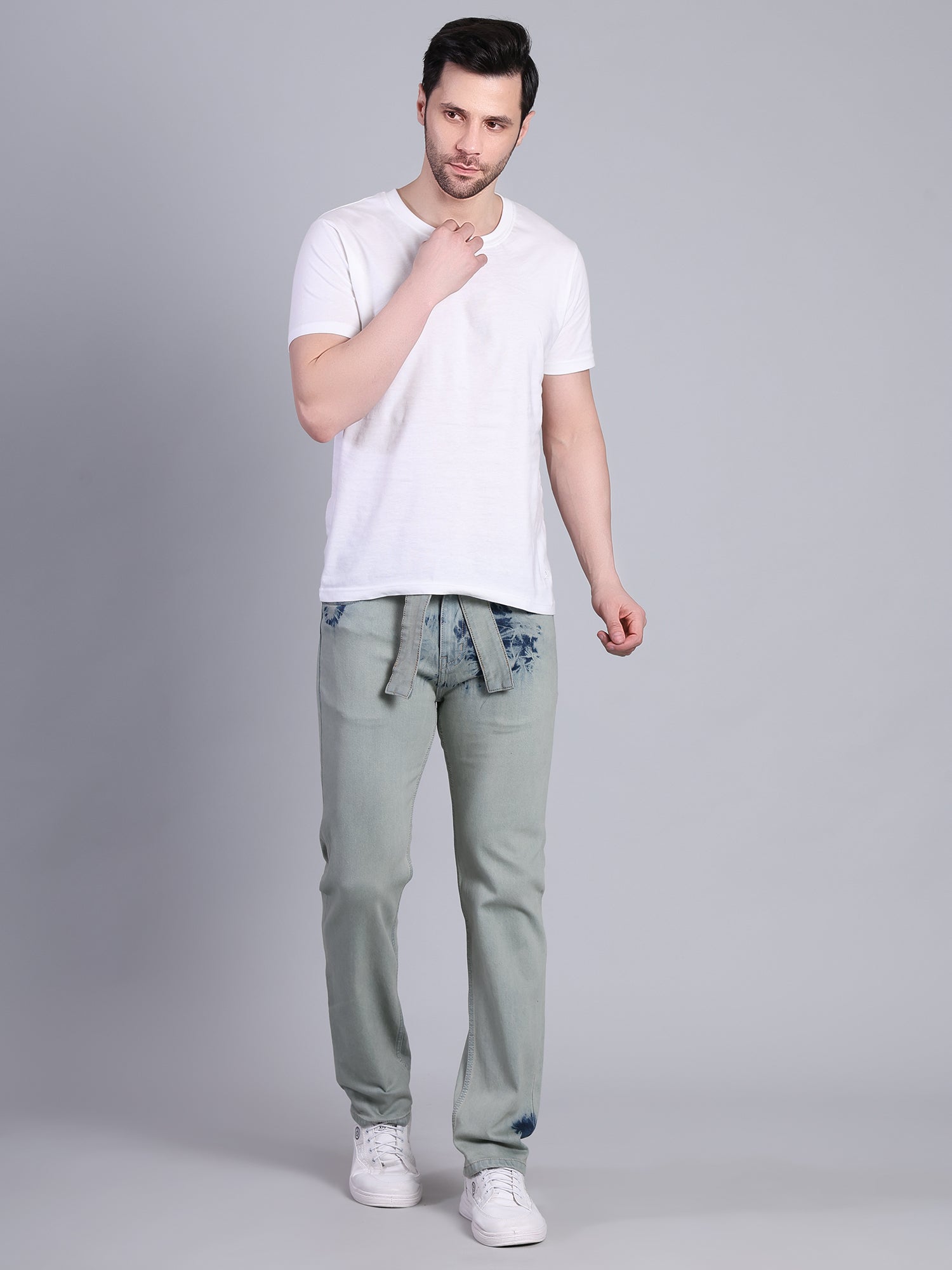 Stylox Men’s Comfort Fit Washed Stretchable Denim Jeans with Belt-Greenish Blue - Stylox