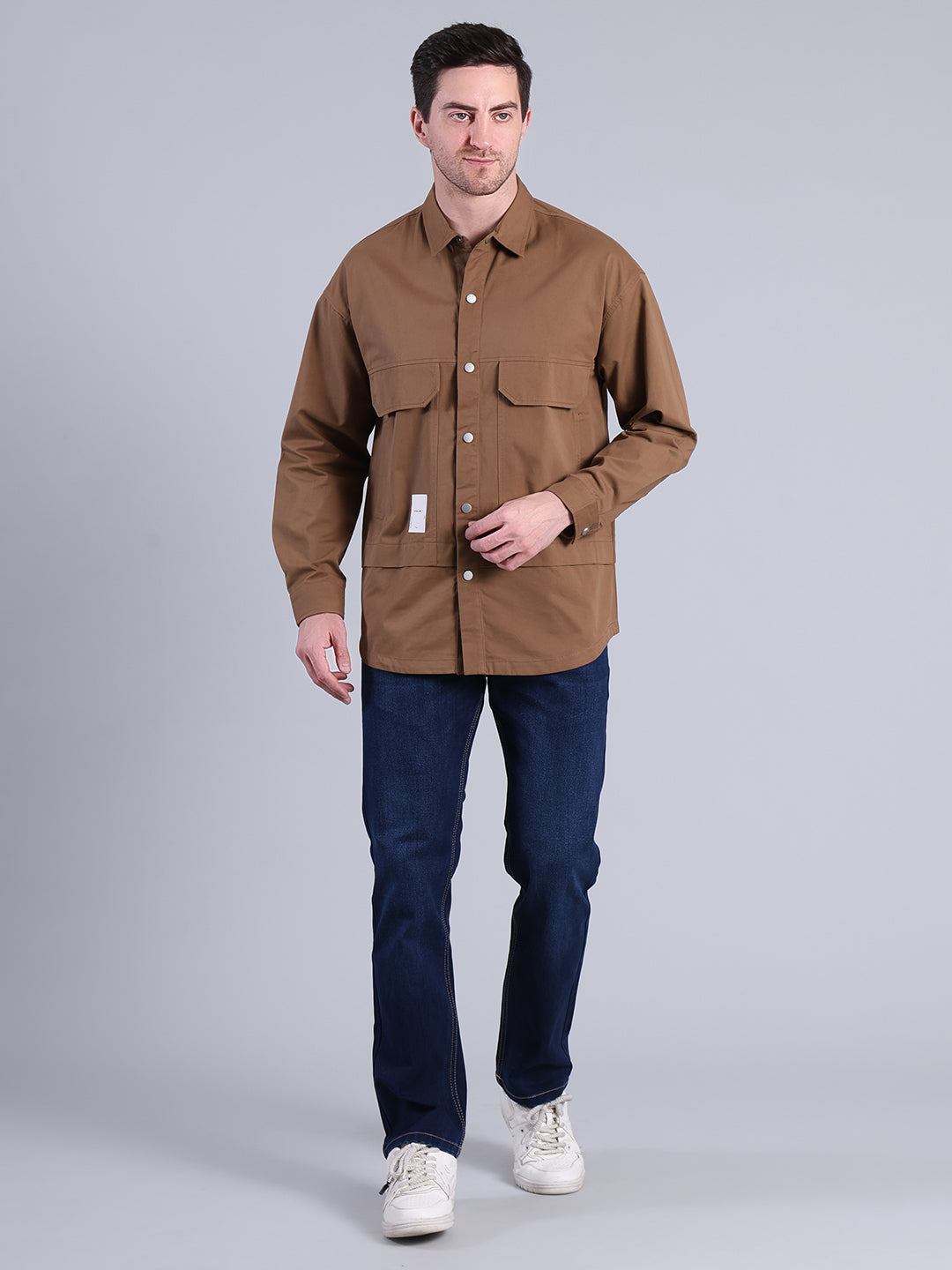 Stylox Men’s Solid Winter Shacket with Snap Buttons & Utility Pockets (Brown) - Stylox