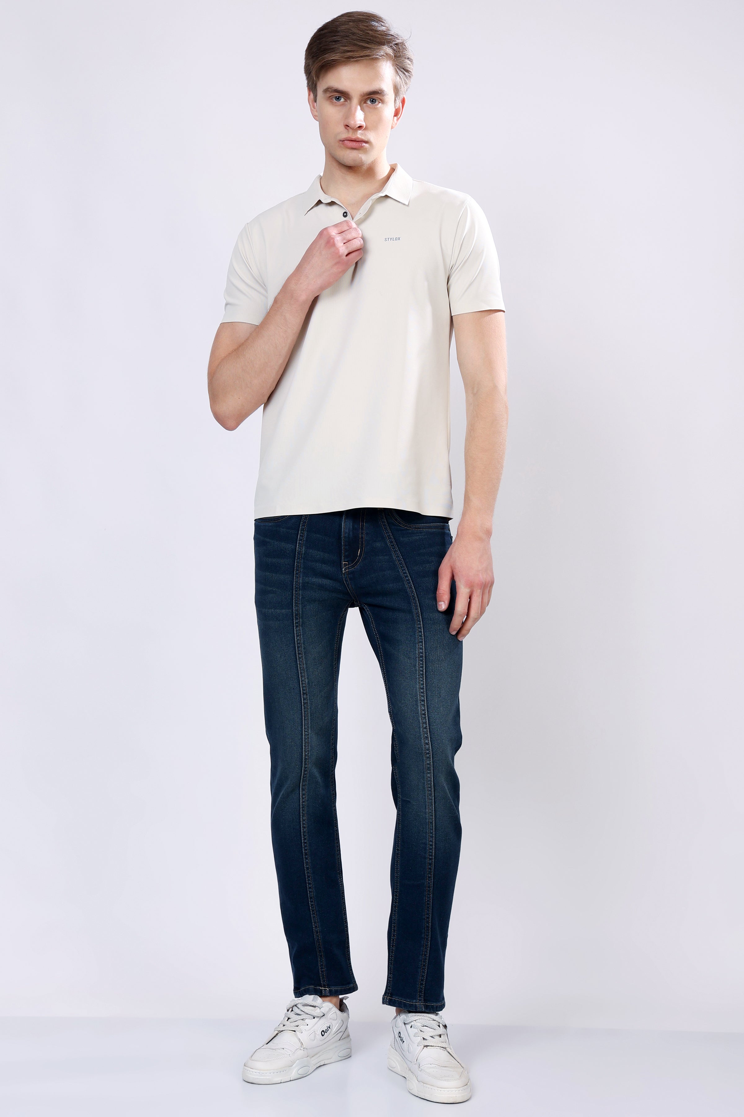 Stylox Men’s Mid-Rise Comfort Fit Stretchable Greenish Blue Denim Jeans with Panel Stitch Detailing - Stylox