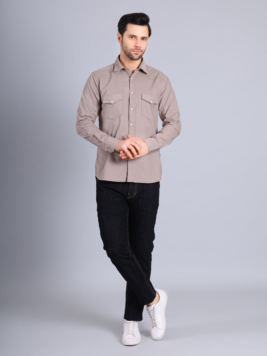 Stylox Men’s Regular Fit Full Sleeve Solid Casual Corduroy Shirt with Double Chest Pocket (Sand)