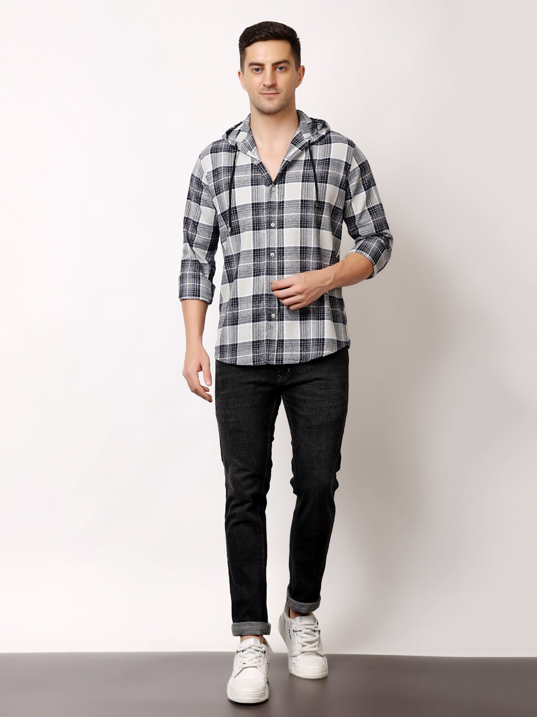 Stylox Men’s Regular Fit Hooded Check Shirt | Full Sleeve Cotton Blend Casual Checkered Shirt