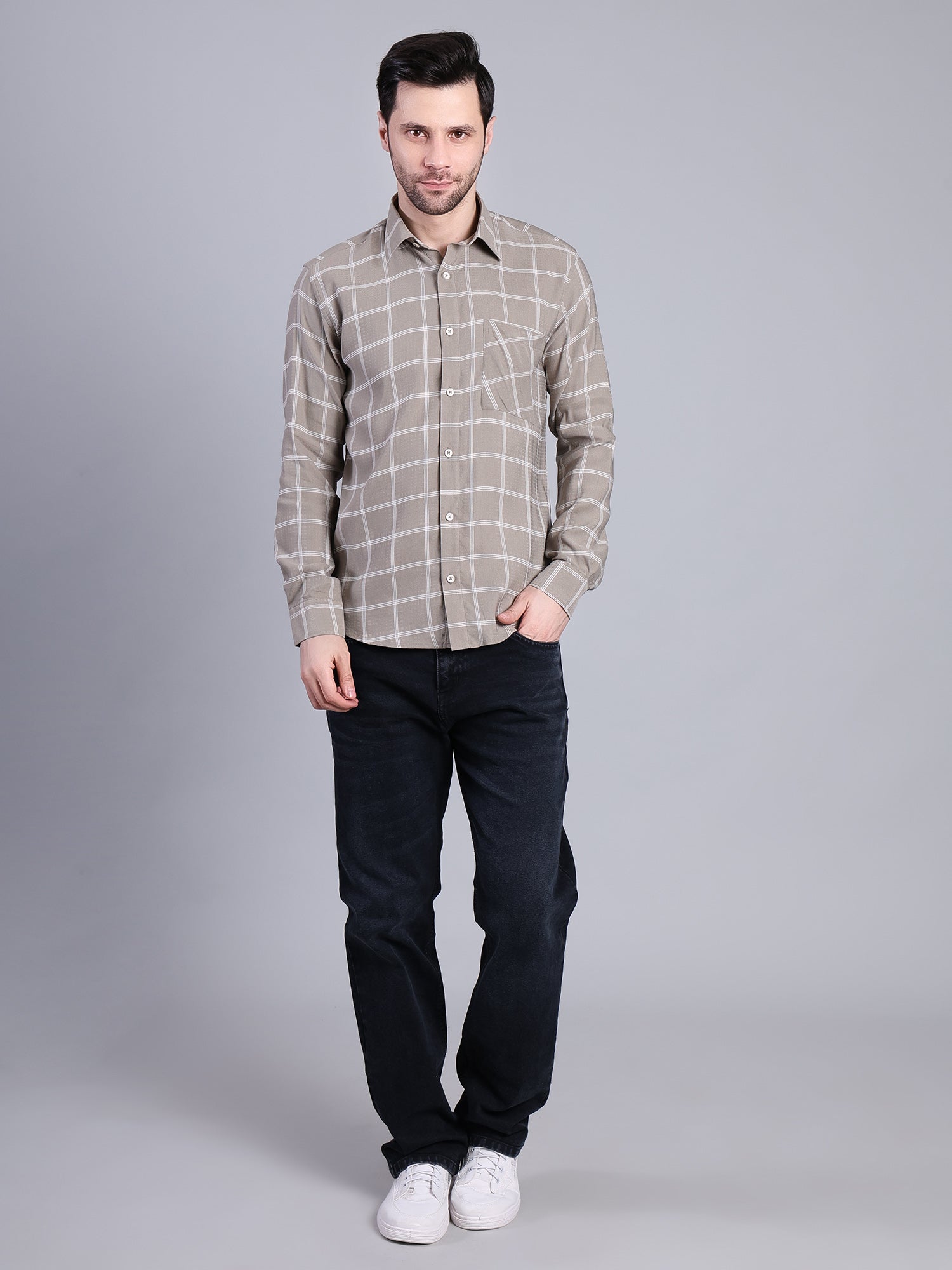 Stylox Men’s Checkered Full Sleeve Casual Shirt-Light Olive - Stylox