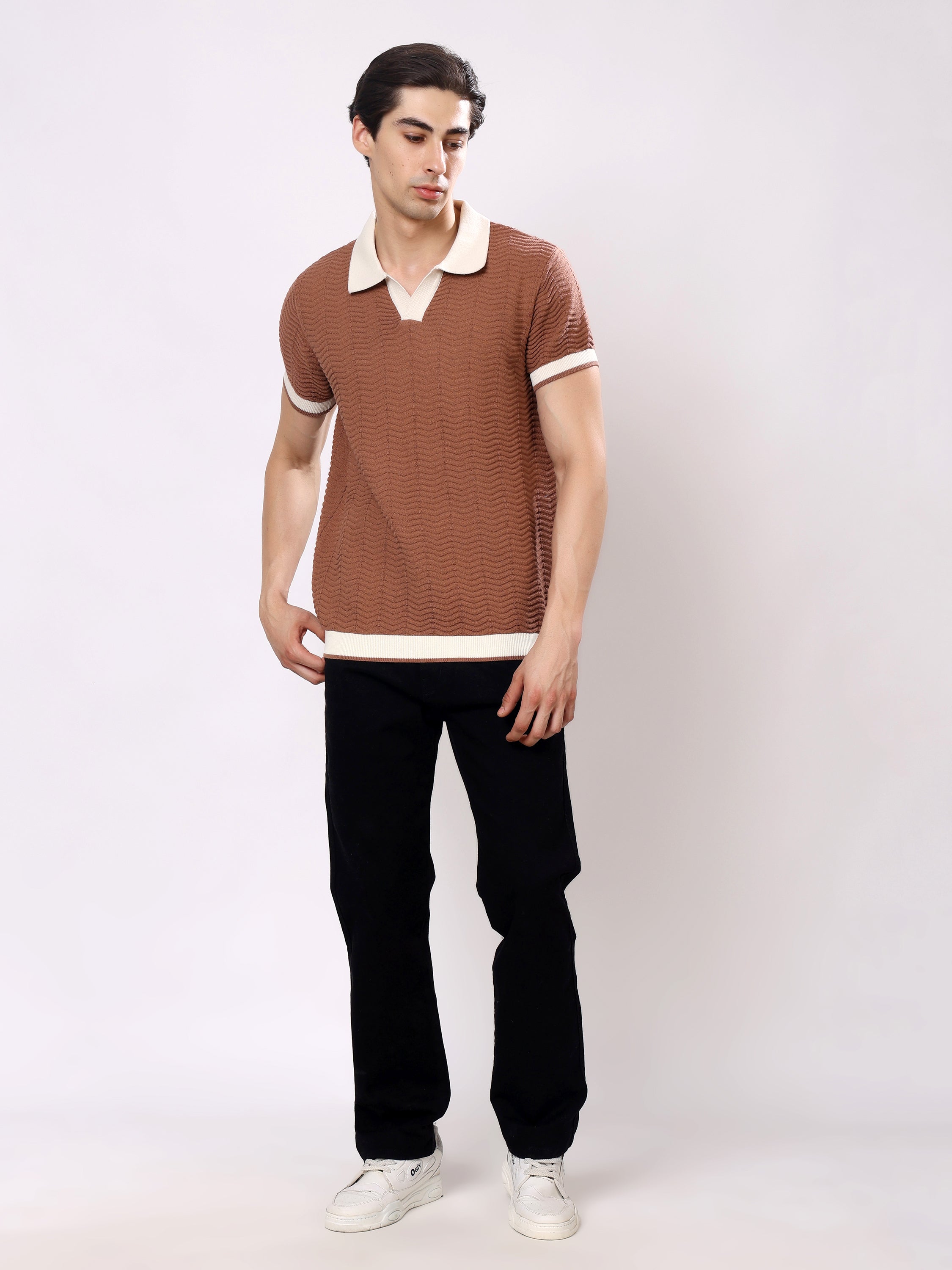 Stylox Men's Regular Fit Half Sleeve Textured Knitted Contrast Collar Polo Tee