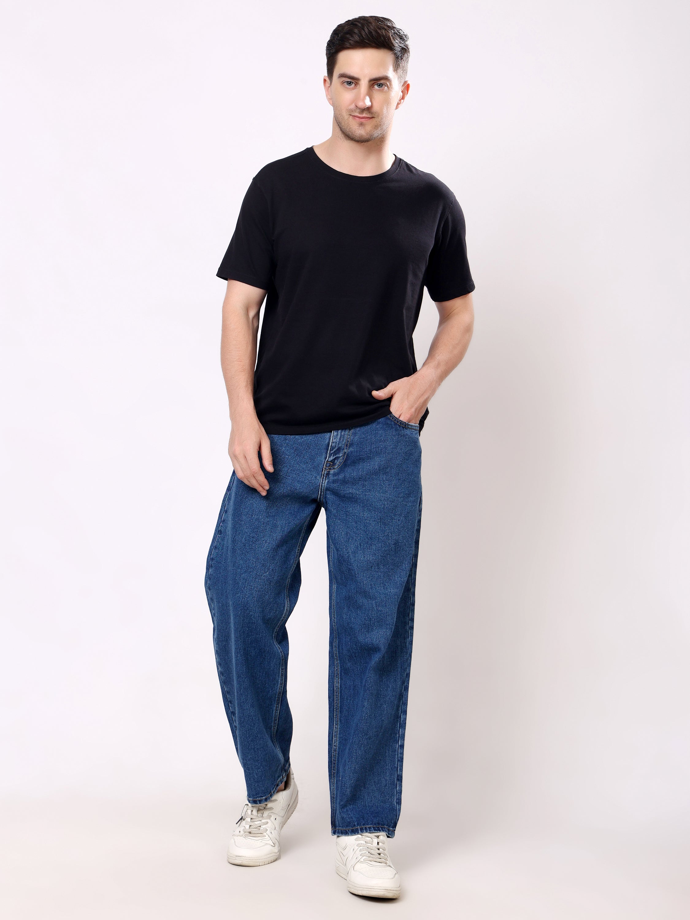 Stylox Men's Mid Indigo Super Baggy Fit Non-Stretchable Denim Jeans