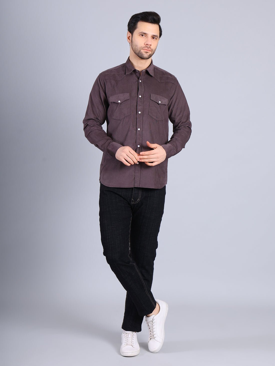 Stylox Men’s Regular Fit Full Sleeve Solid Casual Corduroy Shirt with Double Chest Pocket (Dark Grey)
