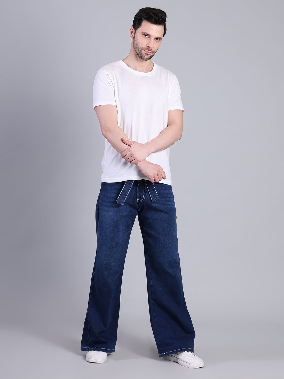 Stylox Men’s Baggy Fit Non-Stretch Rigid Denim Wide Leg Jeans with Tie Belt-Dark Blue - Stylox