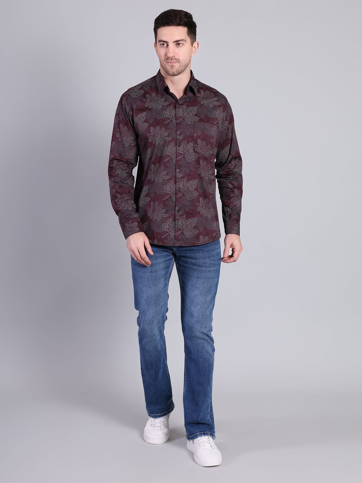 Stylox Men’s Regular Fit Leaf Printed Full Sleeve Casual Shirt-Maroon - Stylox