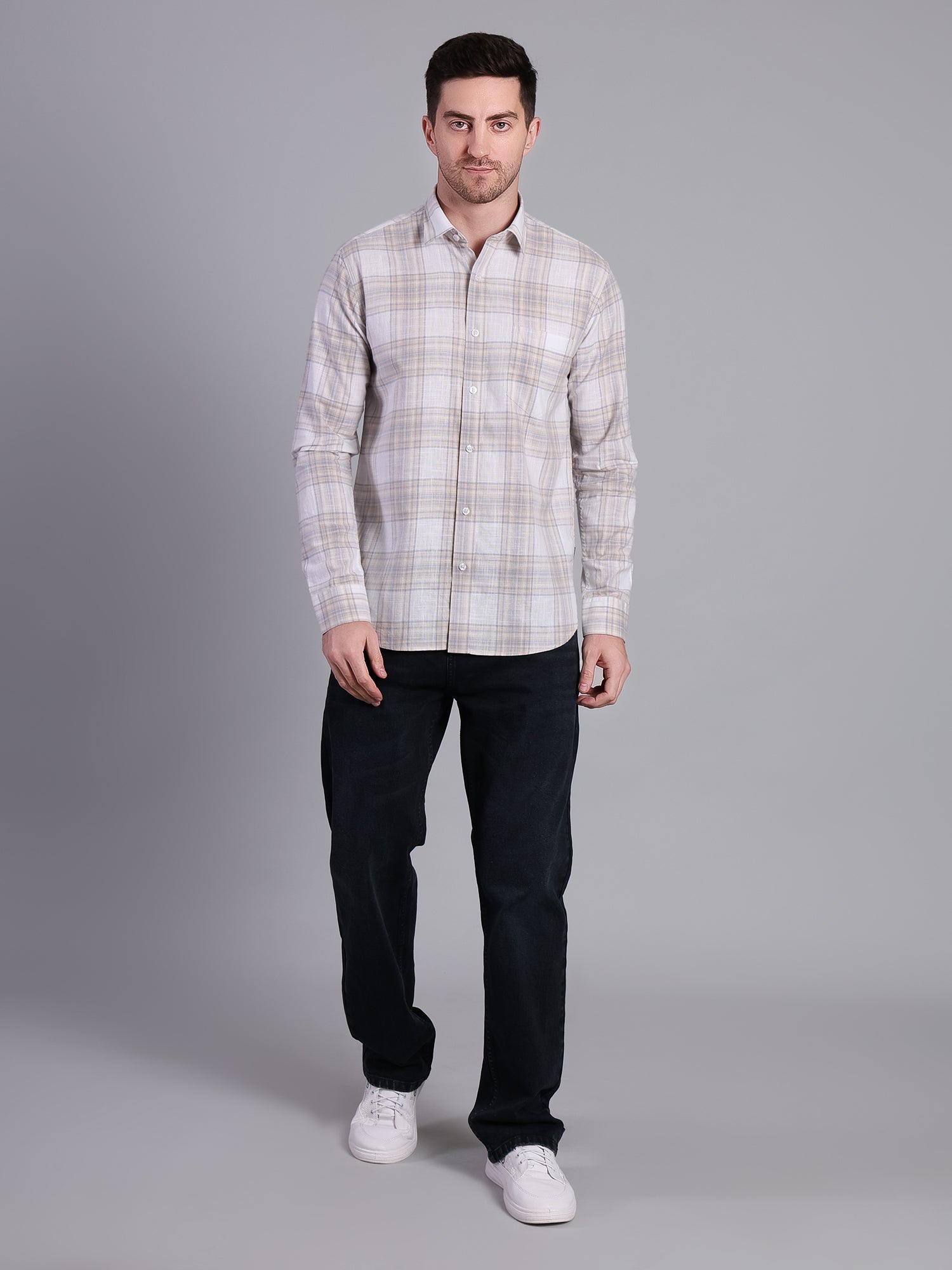 Stylox Men’s Regular Fit Checked Full Sleeve Casual Shirt-Cream - Stylox