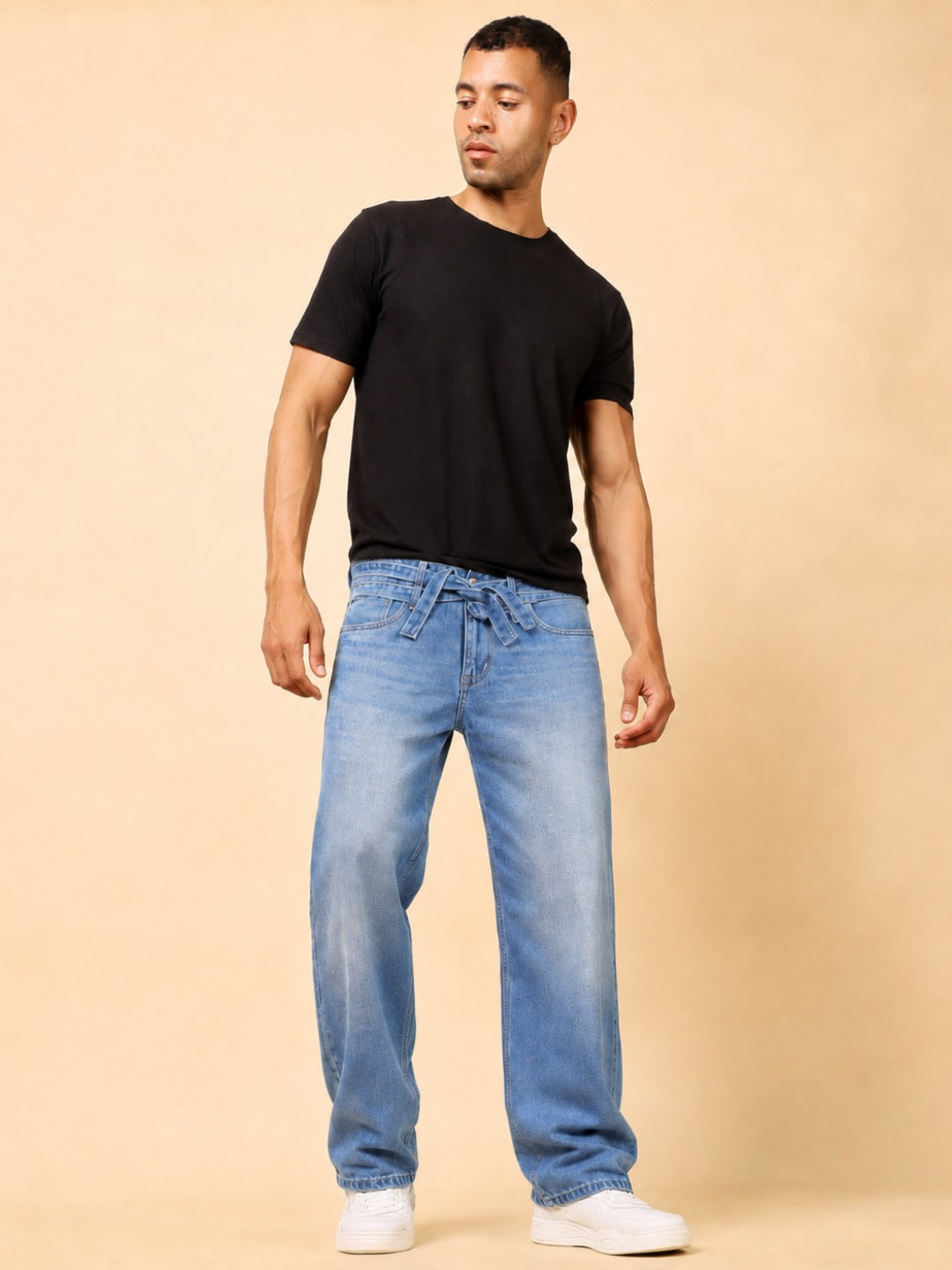 Stylox Men’s Baggy Fit Stretchable Wide Leg Denim Jeans with Tie-Waist Detail