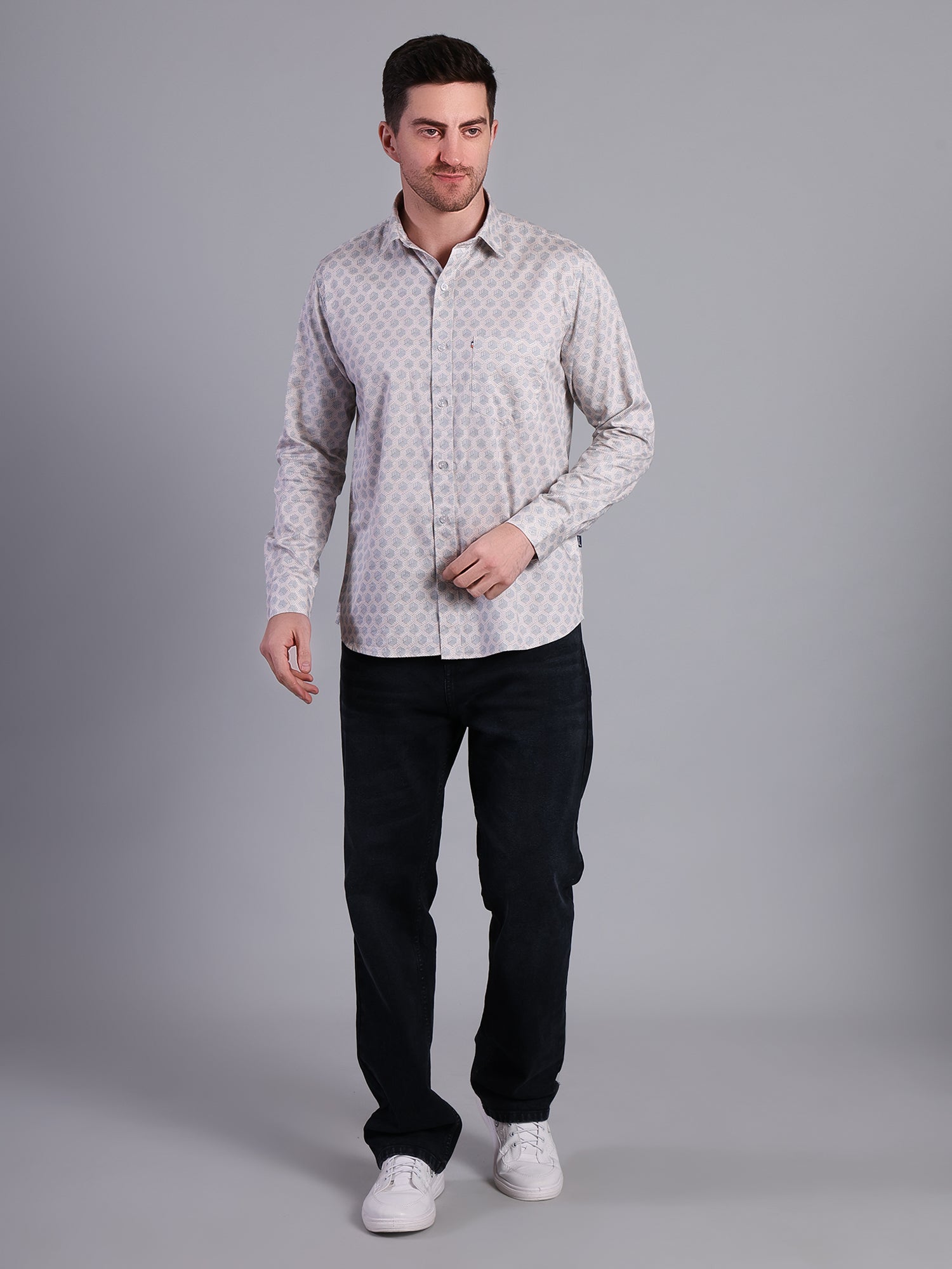 Stylox Men’s Printed Casual Shirt | Slim Fit Full Sleeve Shirt for Men-Cream - Stylox