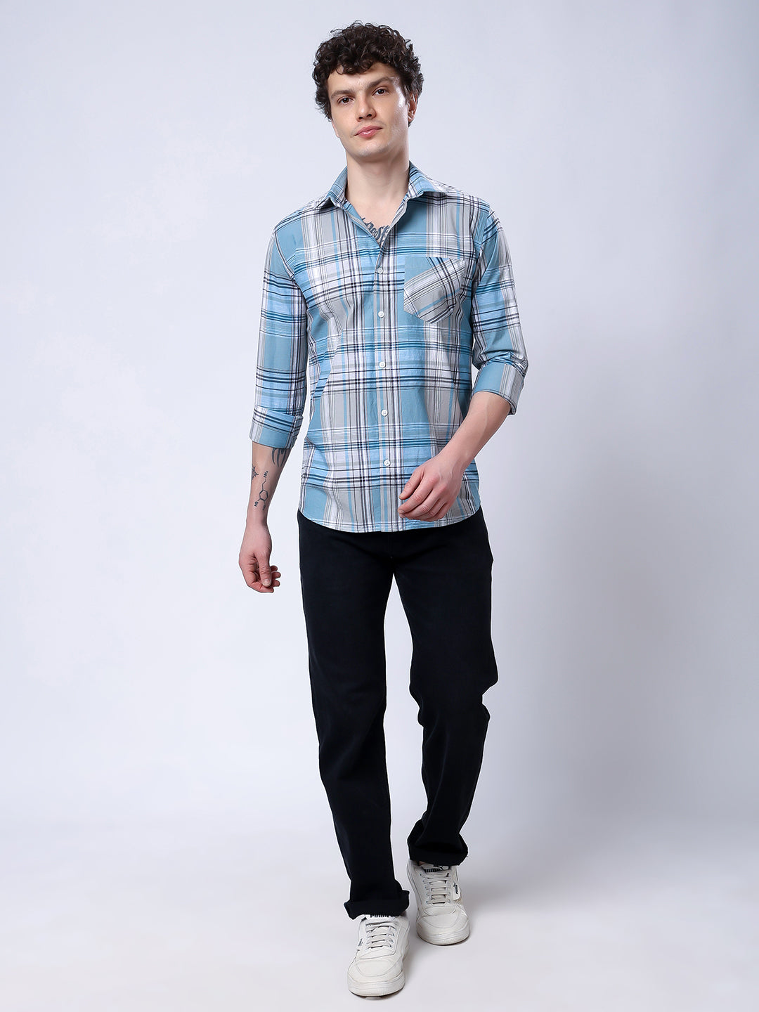 Stylox Men’s Regular Fit Full Sleeve Casual Check Shirt–Grey &amp; Sky Blue - Stylox