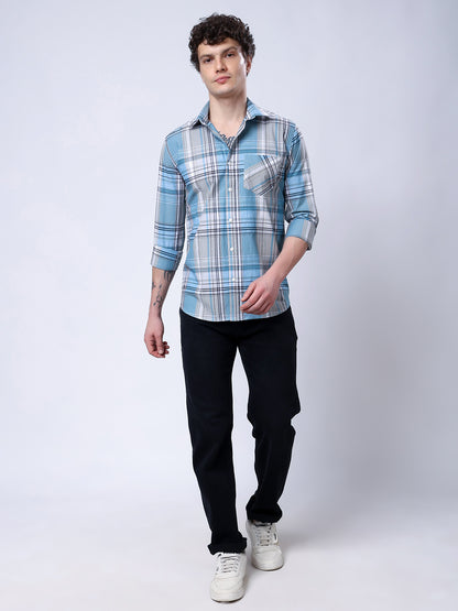 Stylox Men’s Regular Fit Full Sleeve Casual Check Shirt–Grey &amp; Sky Blue - Stylox