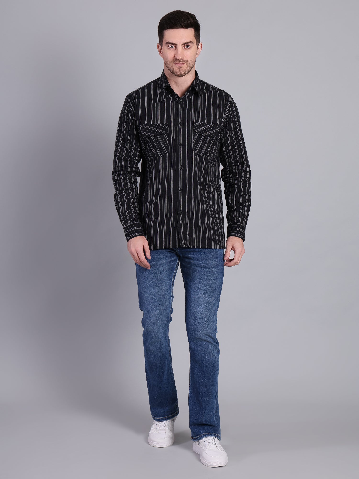 Stylox Men’s Regular Fit Black Vertical Striped Full Sleeve Casual Shirt - Stylox