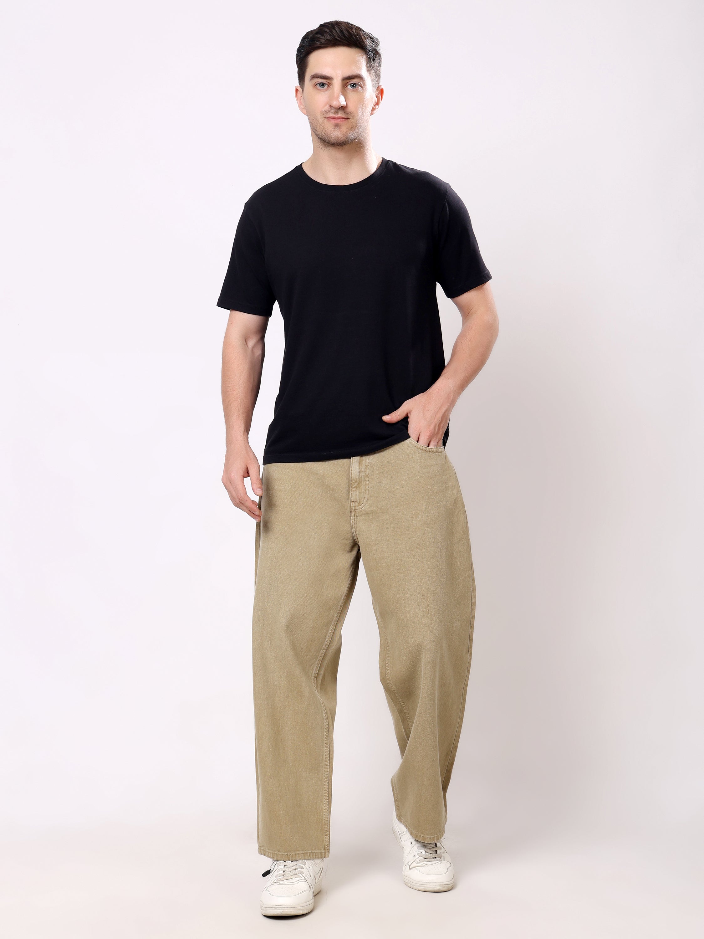 Stylox Men's Khaki Super Baggy Fit Non-Stretchable Denim Jeans