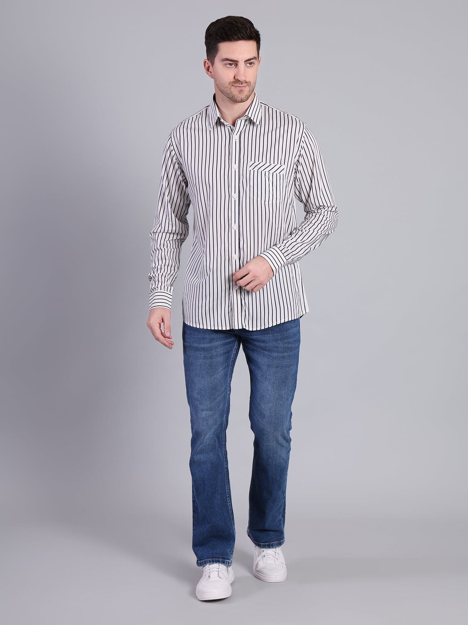 Stylox Men’s Regular Fit Vertical Striped Full Sleeve Casual Shirt-White - Stylox