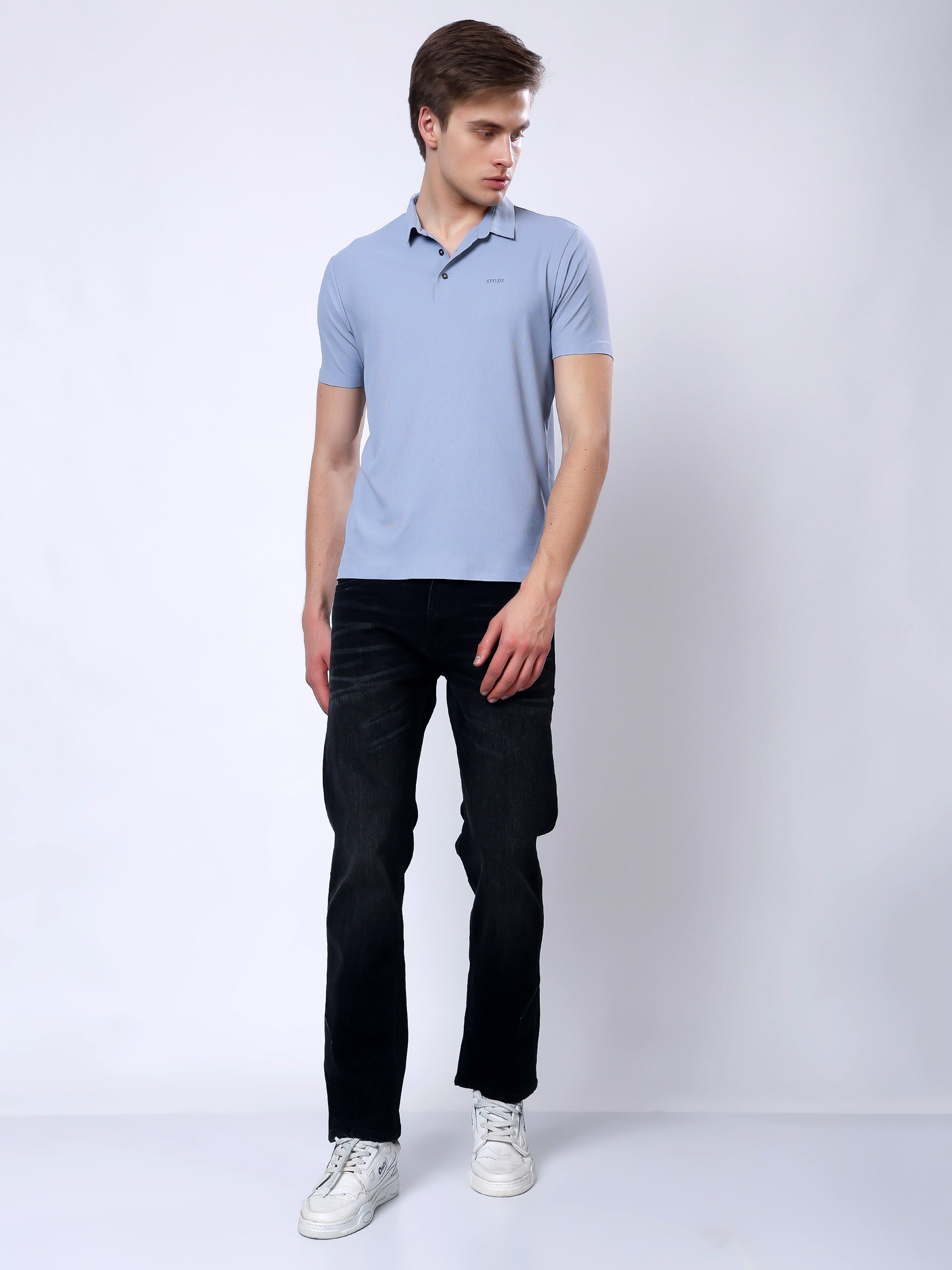 Stylox Men’s Premium Regular Fit Stretchable Polo T-Shirt-Smoky Blue - Stylox