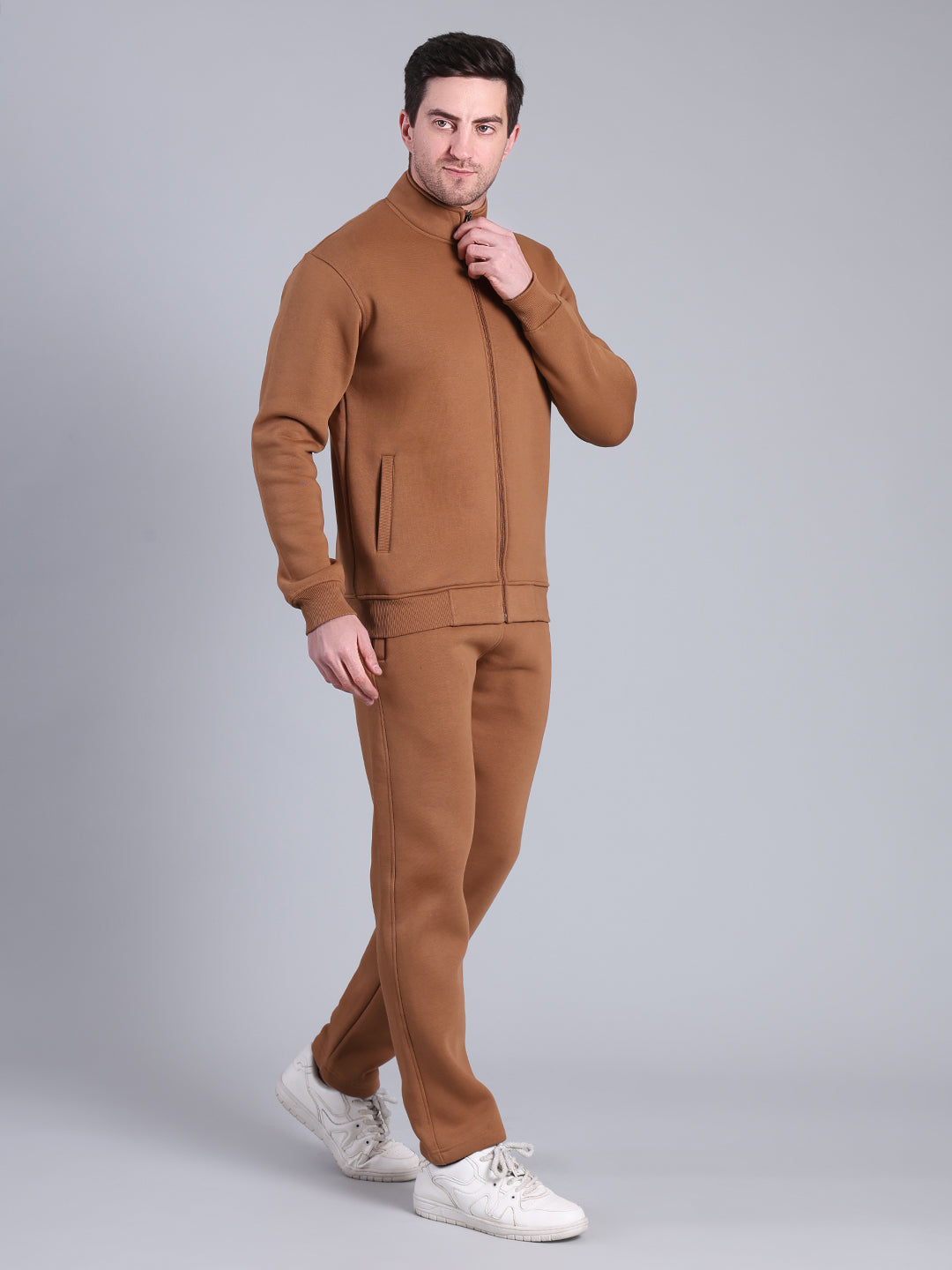 Stylox Men’s Solid Tracksuit Set with Zip-Up Jacket & Joggers – Winter Athleisure Wear (Brown) - Stylox