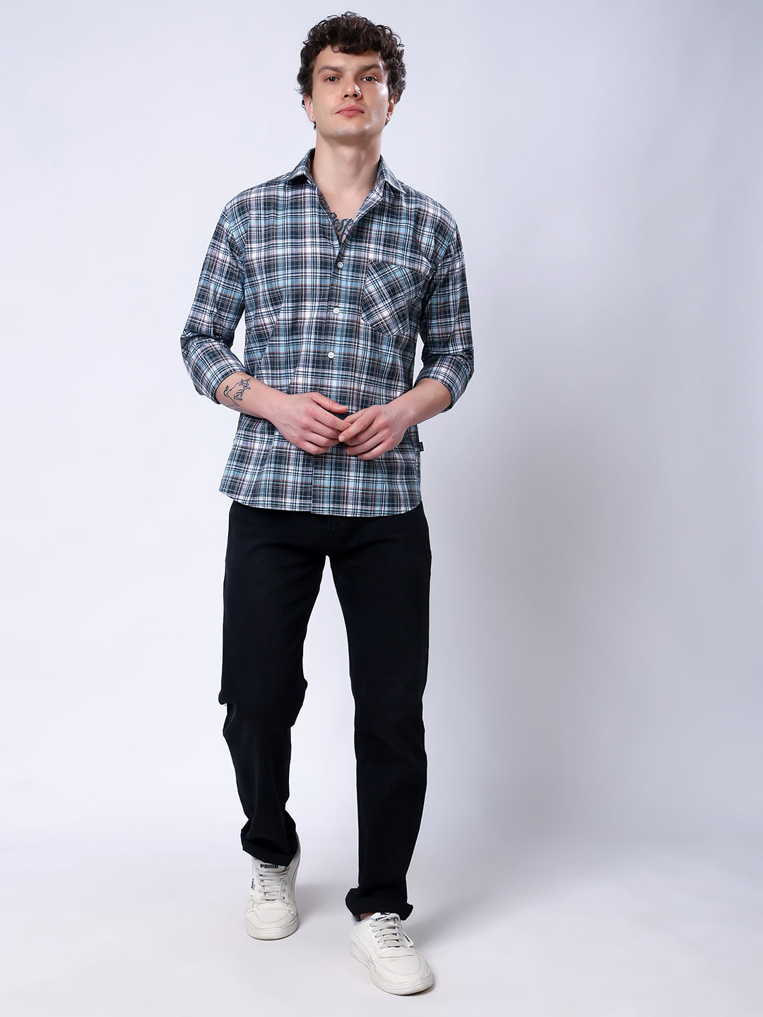 Stylox Men’s Regular Fit Full Sleeve Casual Check Shirt–Green &amp; Grey - Stylox