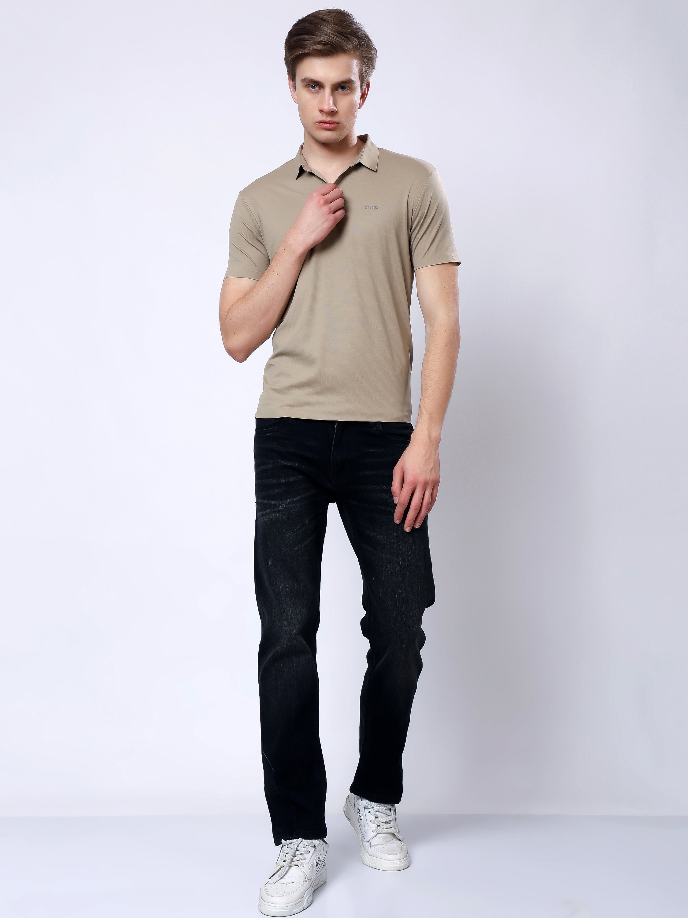 Stylox Men’s Premium Regular Fit Stretchable Polo T-Shirt–Beige - Stylox