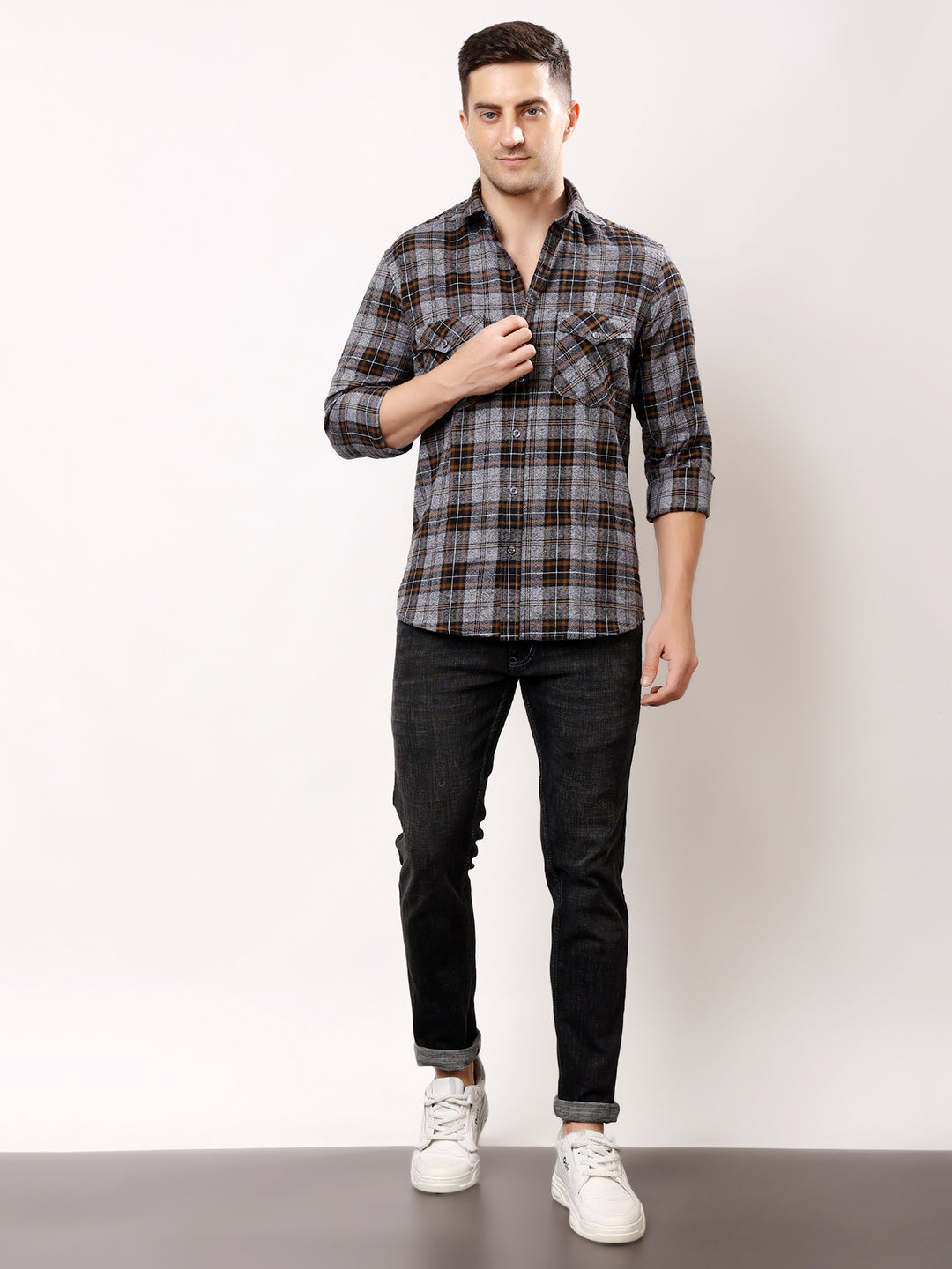 Stylox Men’s Regular Fit Full Sleeve Check Shirt with Double Flap Pockets | Cotton Casual Checkered Shirt