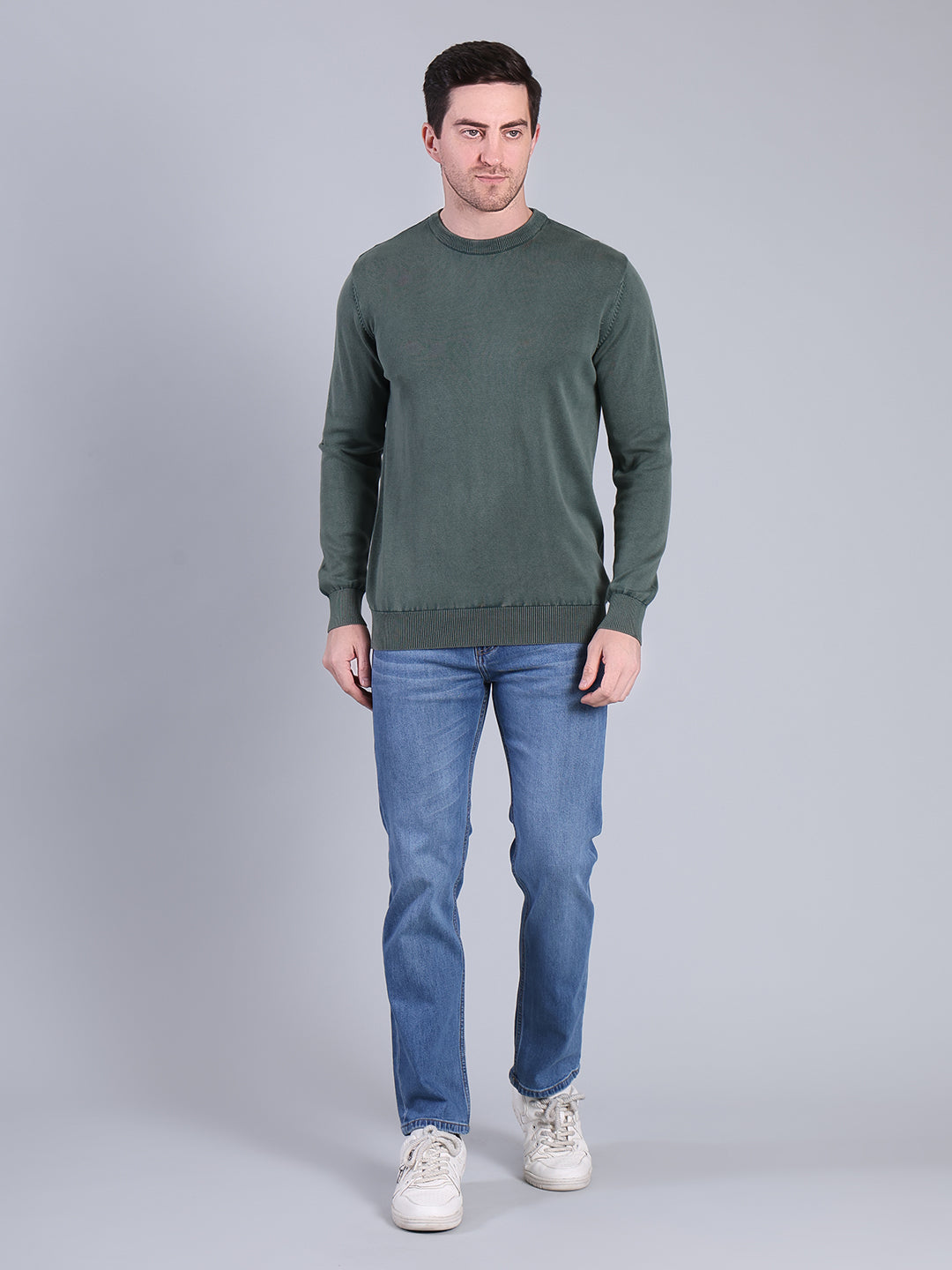 Stylox Men’s Full Sleeve Round Neck Sweater | Solid Slim Fit Knitted Winter Pullover (Teal)