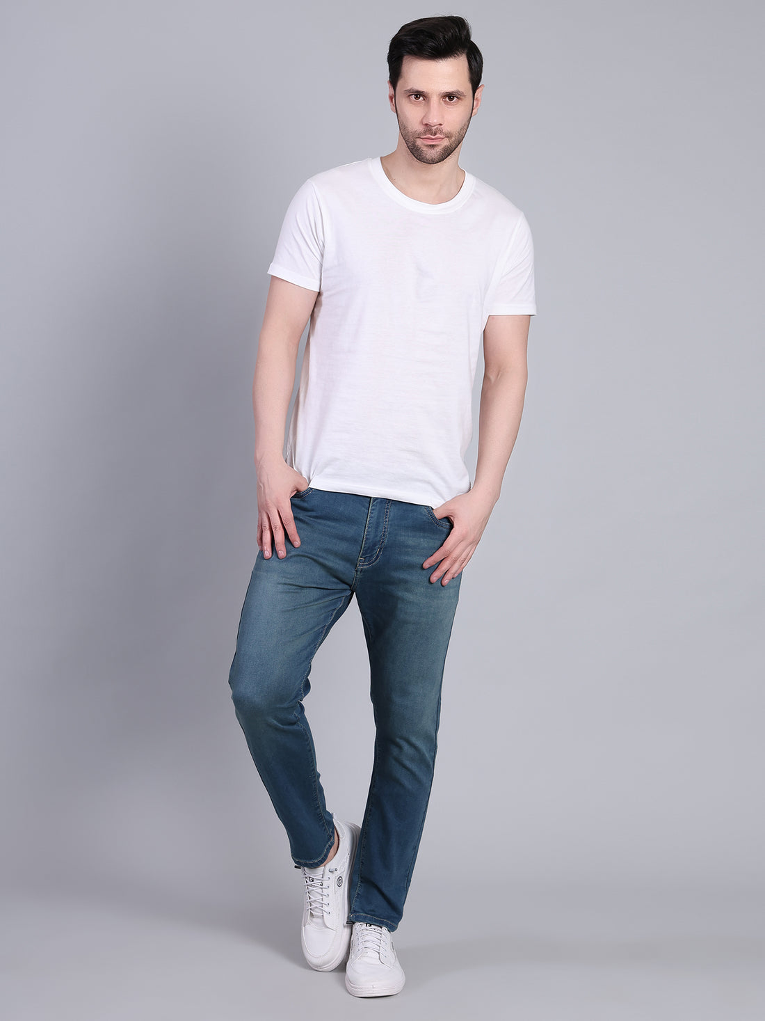 Stylox Men’s Ankle Fit Mid Rise Stretchable Denim Jeans-Greenish Blue - Stylox