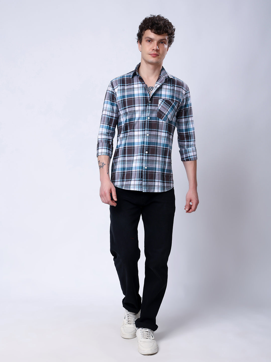 Stylox Men’s Regular Fit Full Sleeve Casual Check Shirt–Brown &amp; Teal - Stylox