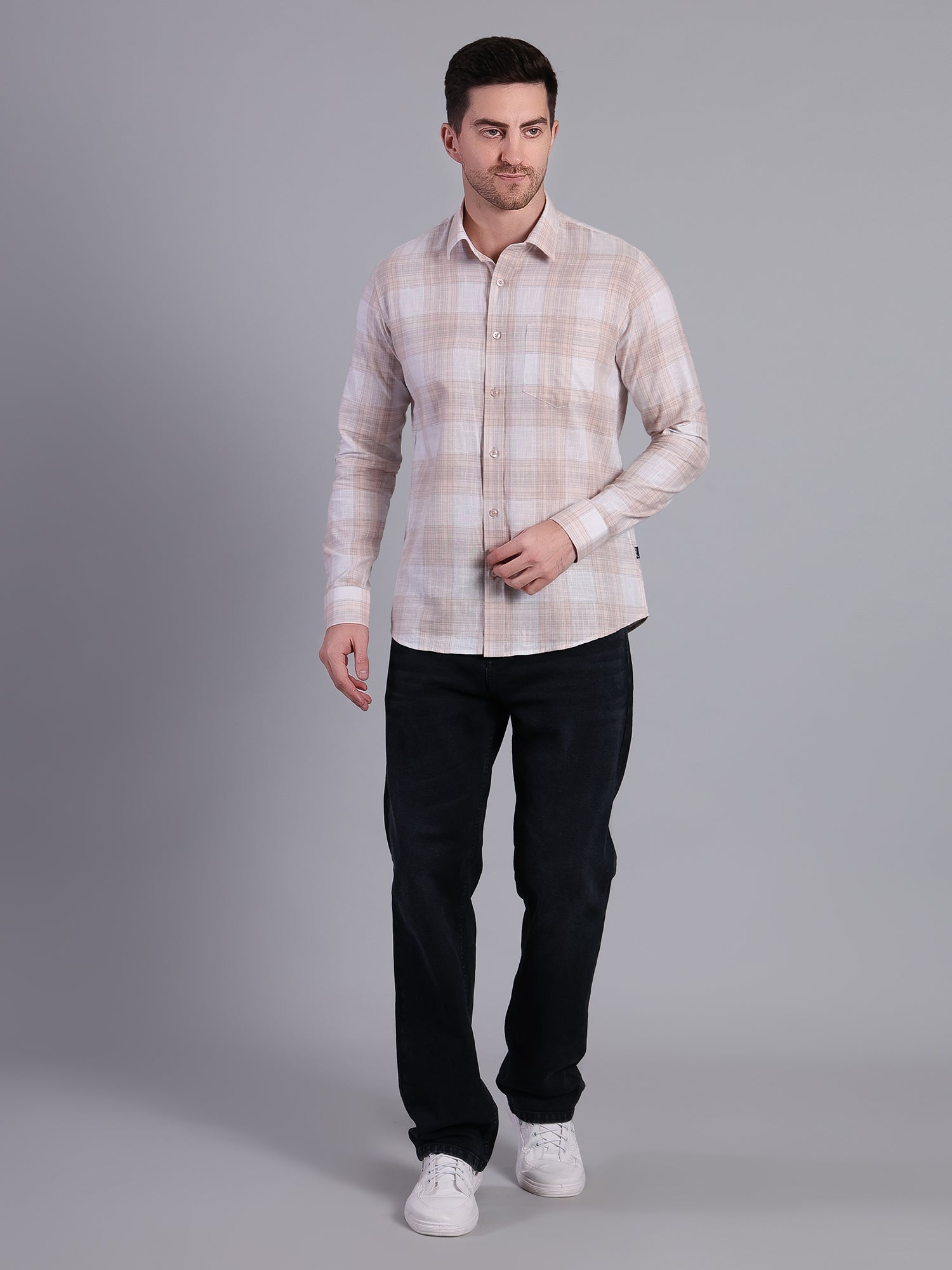 Stylox Men’s Regular Fit Checked Full Sleeve Casual Shirt-Peach - Stylox