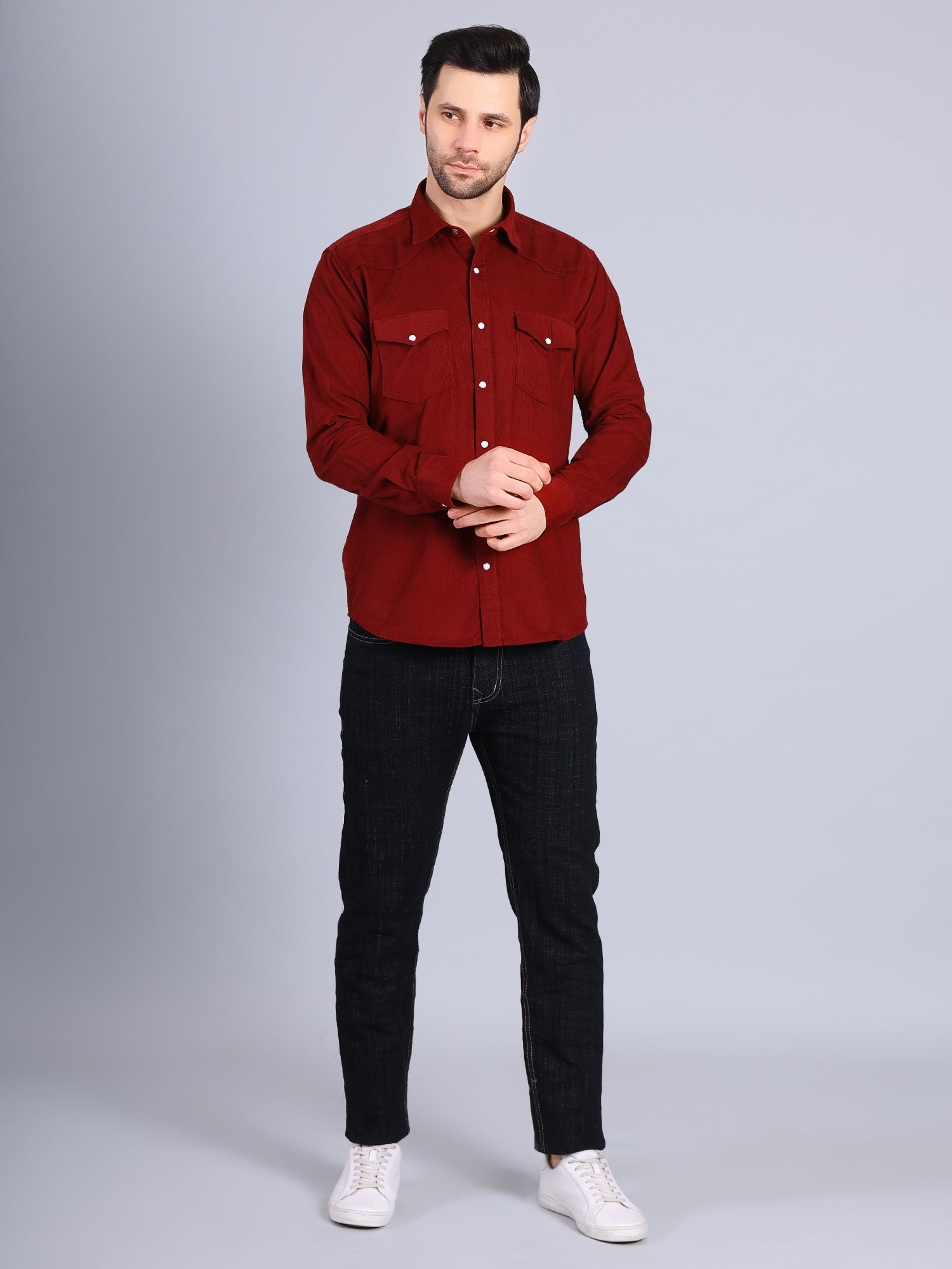 Stylox Men’s Regular Fit Full Sleeve Solid Casual Corduroy Shirt with Double Chest Pocket (Maroon) - Stylox