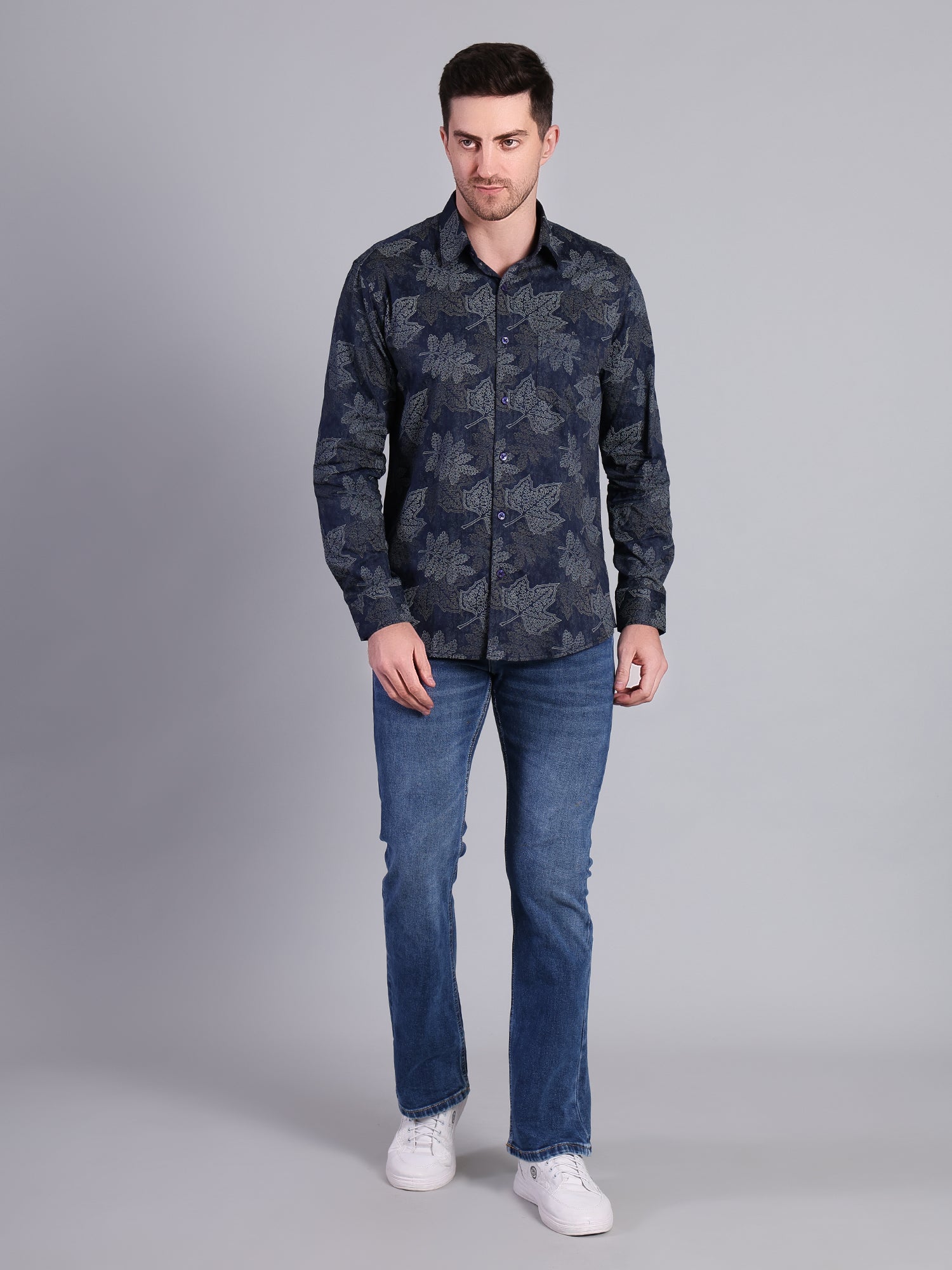 Stylox Men’s Regular Fit Leaf Printed Full Sleeve Casual Shirt-Blue - Stylox