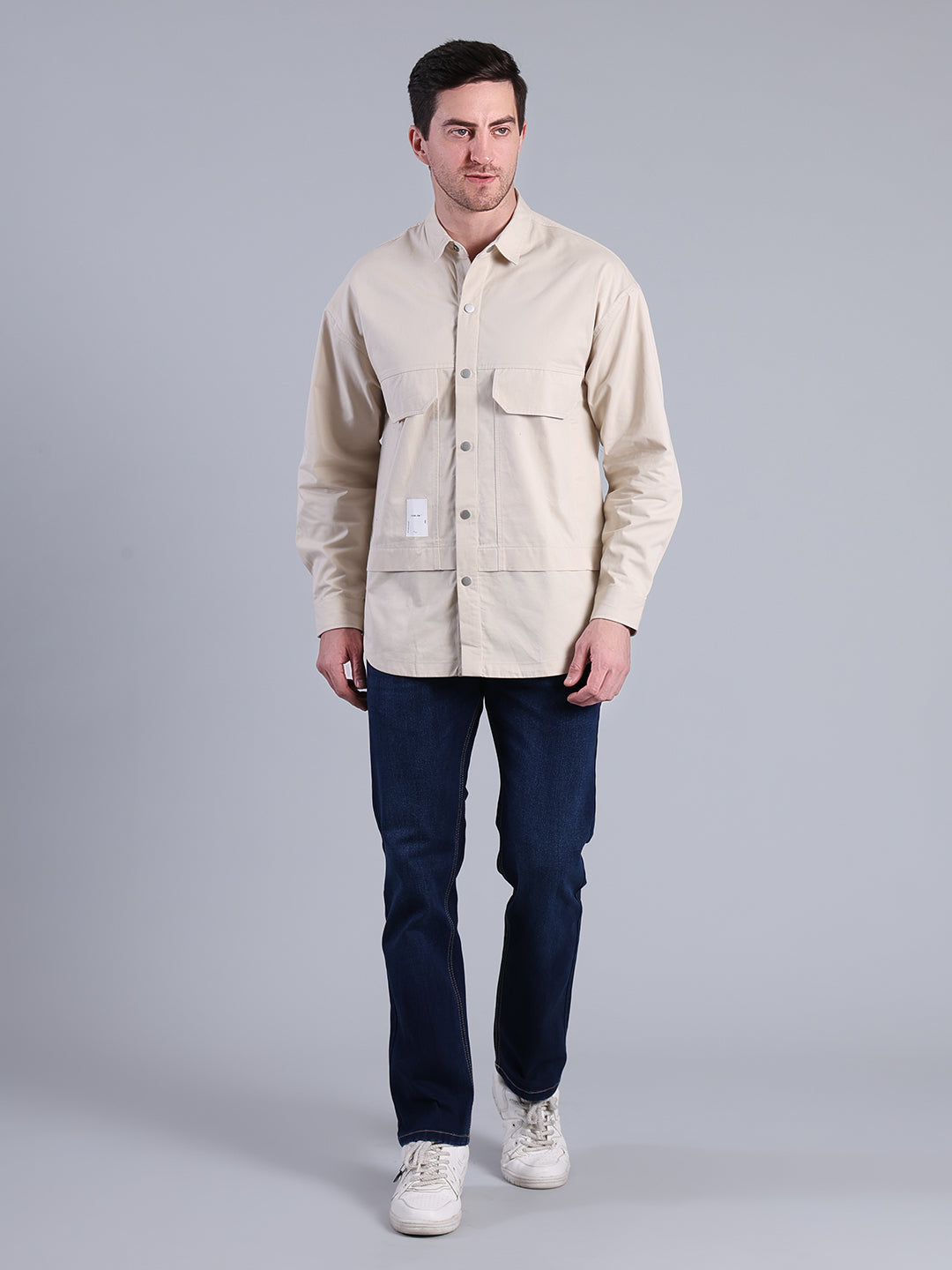 Stylox Men’s Solid Winter Shacket with Snap Buttons & Utility Pockets (Beige) - Stylox