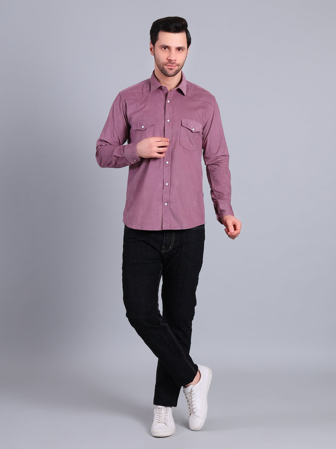 Stylox Men’s Regular Fit Full Sleeve Solid Casual Corduroy Shirt with Double Chest Pocket (Violet)