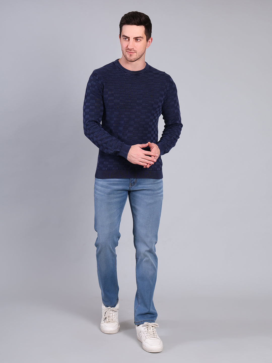 Stylox Men’s Textured Winter Sweater | Crew Neck Full Sleeve Knit Pullover | Premium Casual Wear (Navy Blue)