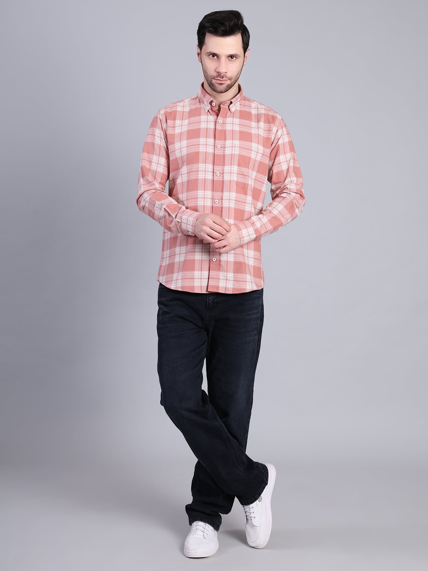 Stylox Men’s Checkered Full Sleeve Casual Shirt-Coral - Stylox