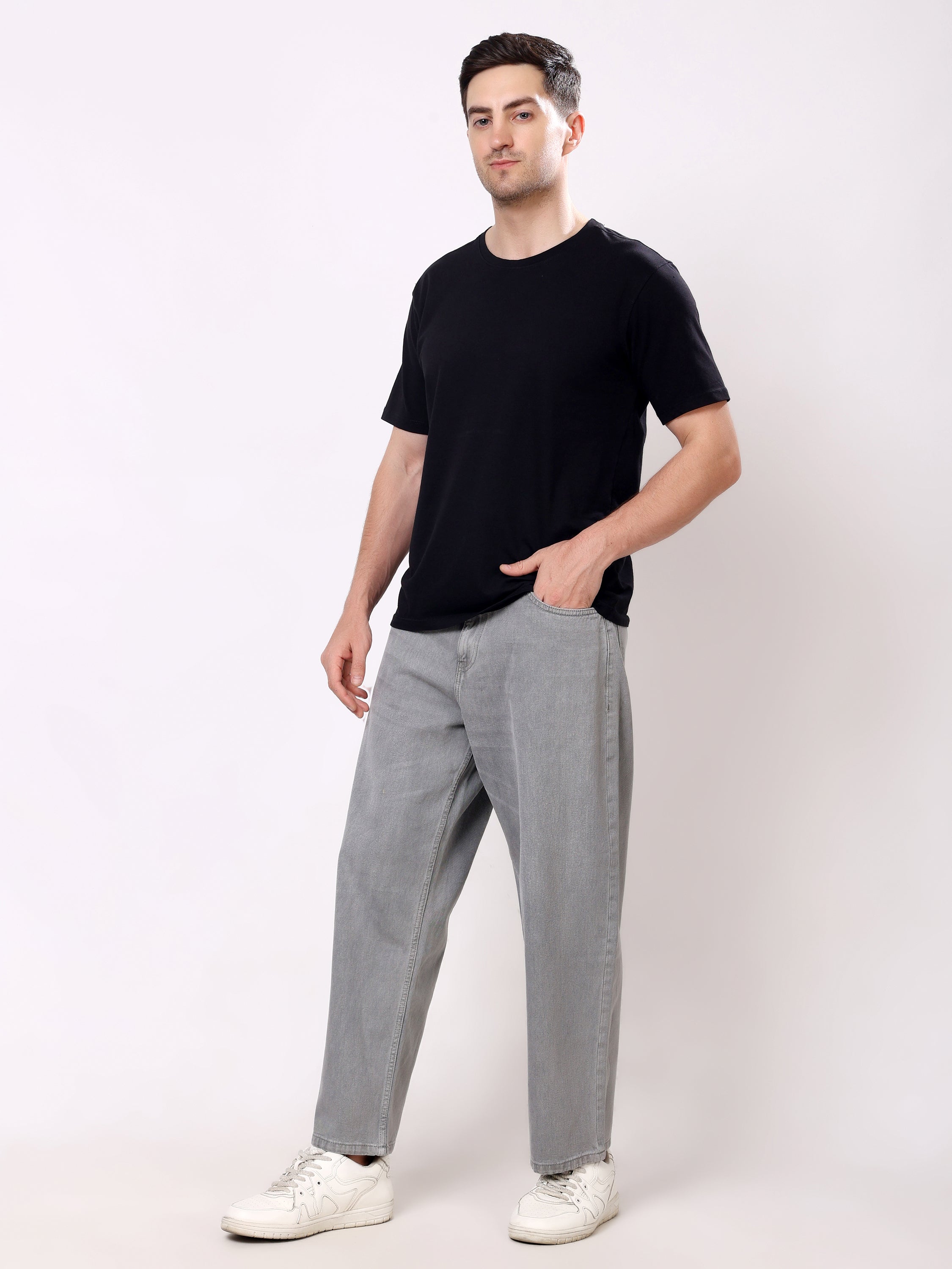 Stylox Men's Light Grey Super Baggy Fit Non-Stretchable Denim Jeans