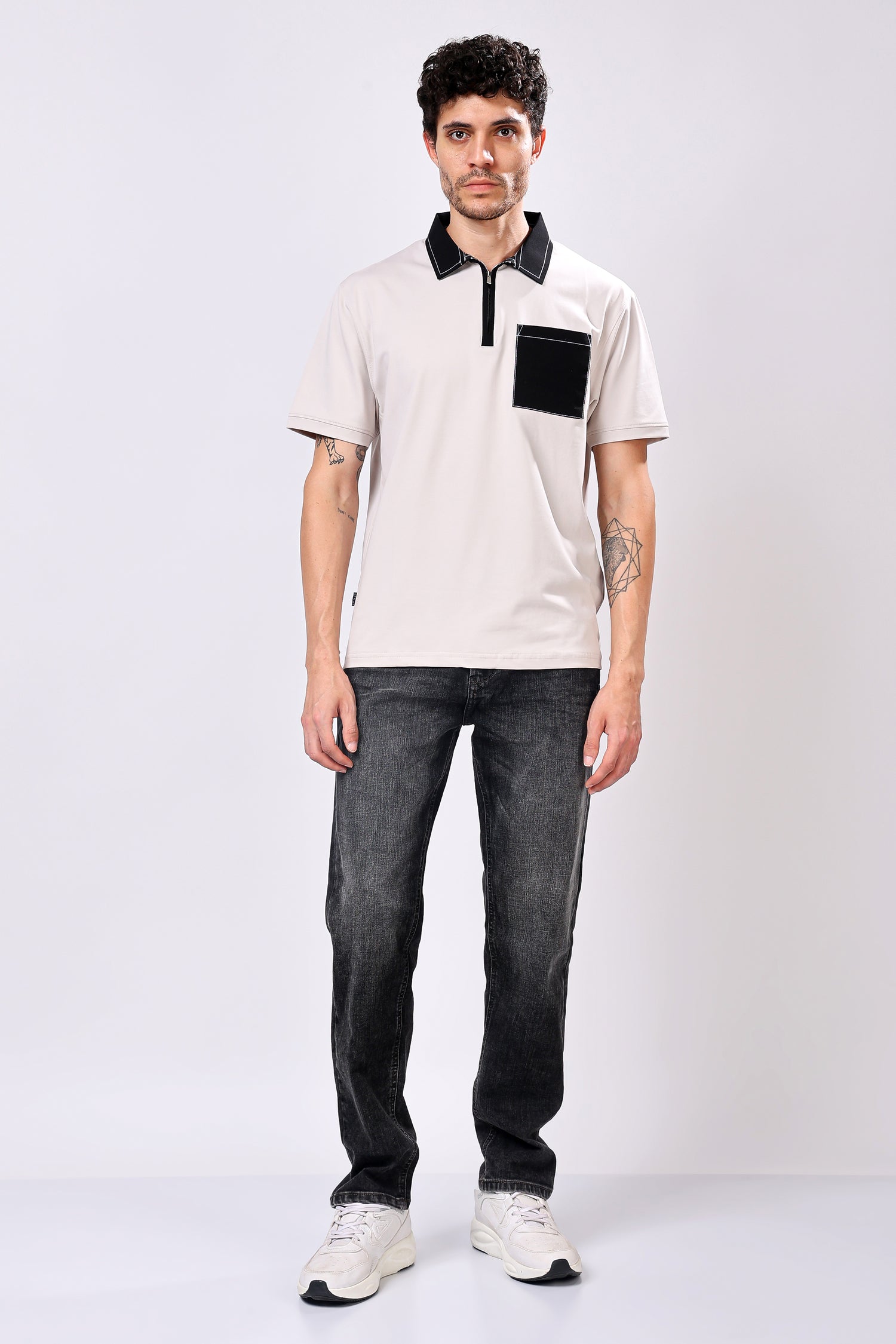 Stylox Men’s Regular Fit Contrast Collar Half Sleeve T-Shirt with Front Pocket &amp; Zip Neck | Casual Stylish Cotton Blend Tee