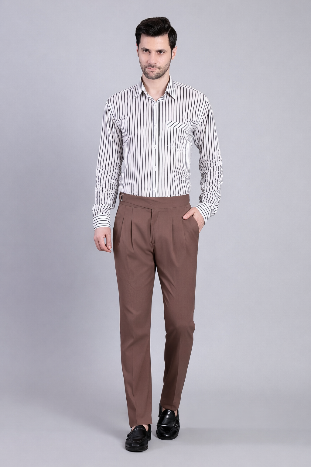 Stylox Men’s Gorkha High Waist Pleated Formal Trousers with Side Adjusters-Brown - Stylox