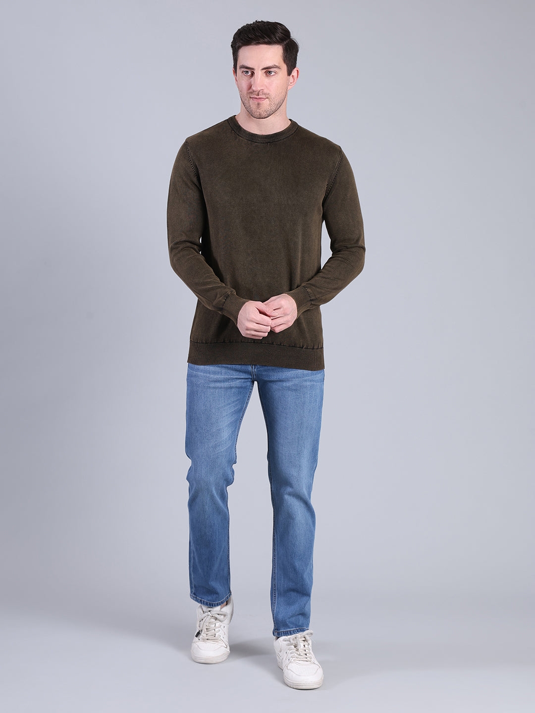 Stylox Men’s Full Sleeve Round Neck Sweater | Solid Slim Fit Knitted Winter Pullover (Olive)