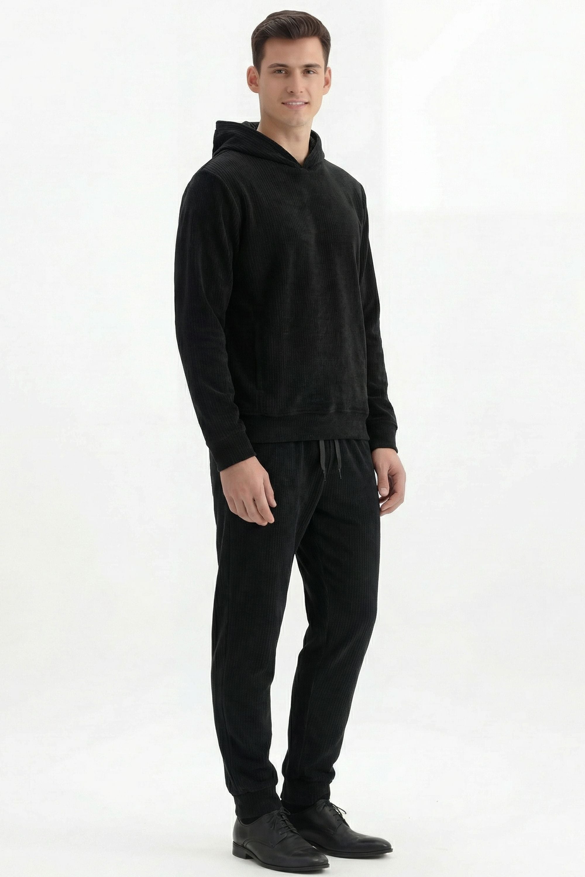 Stylox Men’s Regular Fit Ribbed Tracksuit Set (Hooded Sweatshirt + Jogger Pants) (Black) - Stylox